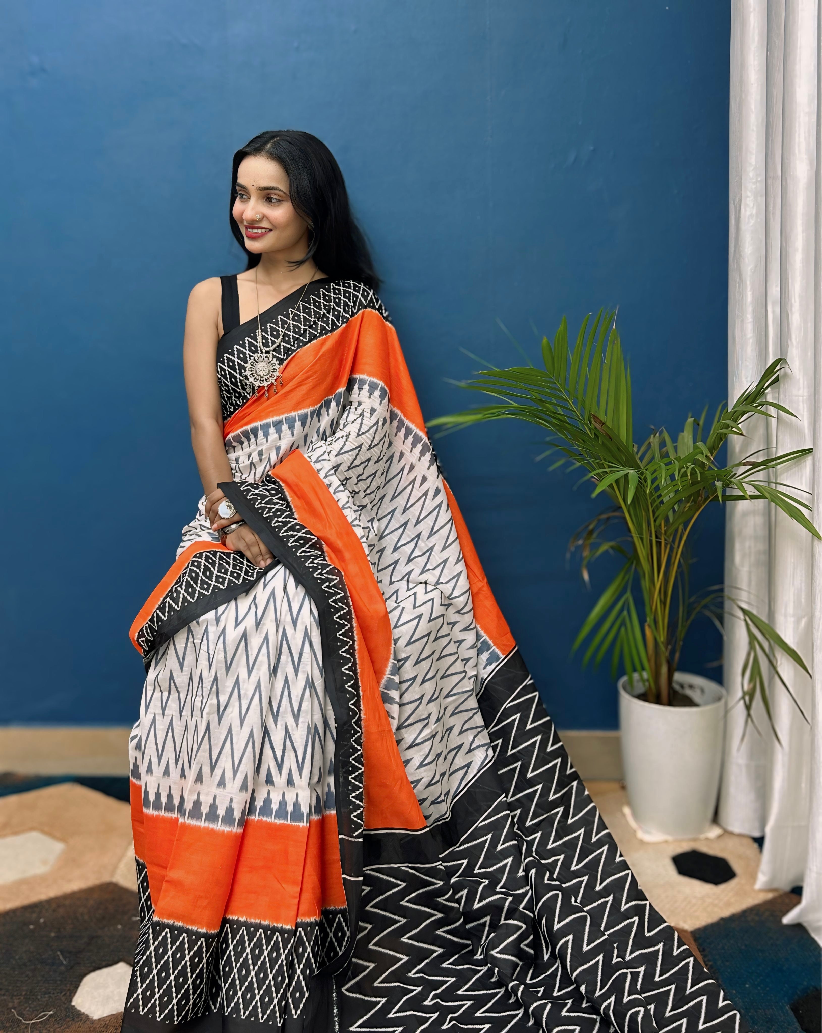 Beautiful Printed Soft Pure Cotton Saree With Unstitched Blouse.