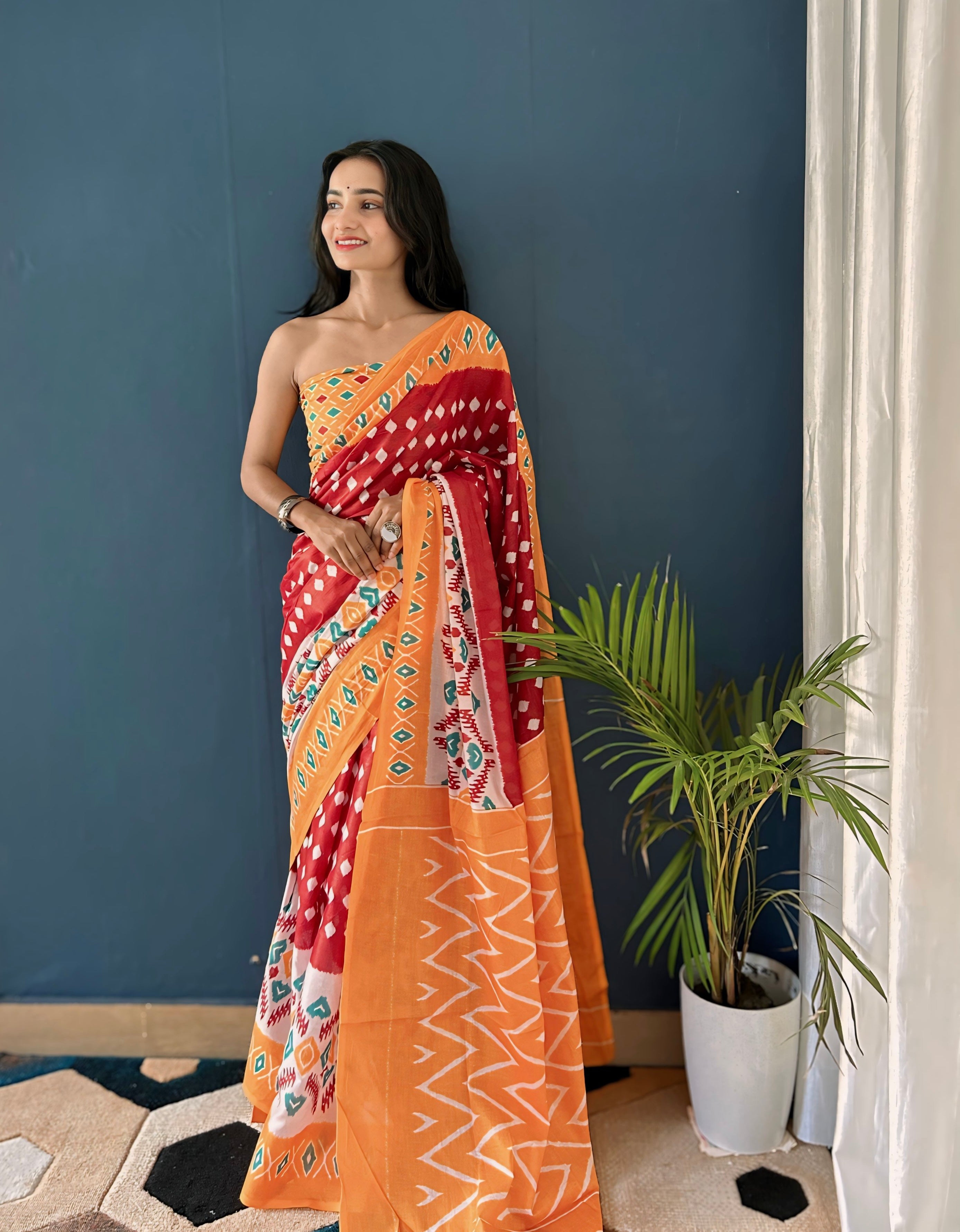 Beautiful Printed Soft Pure Cotton Saree With Unstitched Blouse.