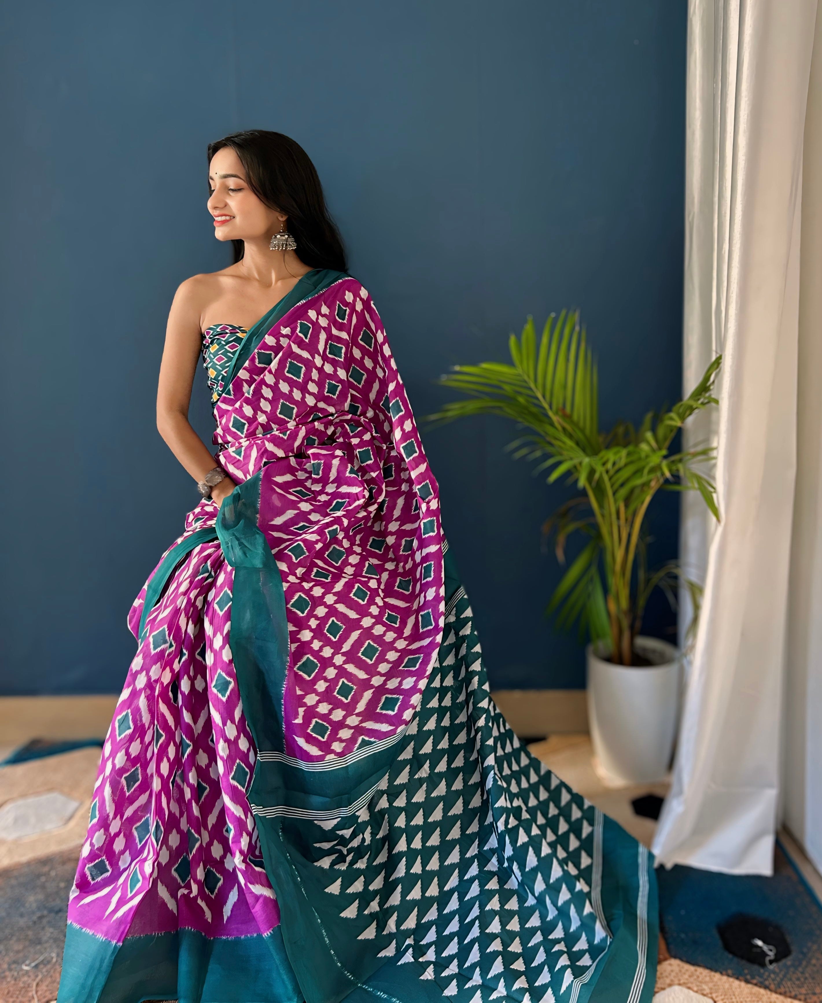 Beautiful Printed Soft Pure Cotton Saree With Unstitched Blouse.