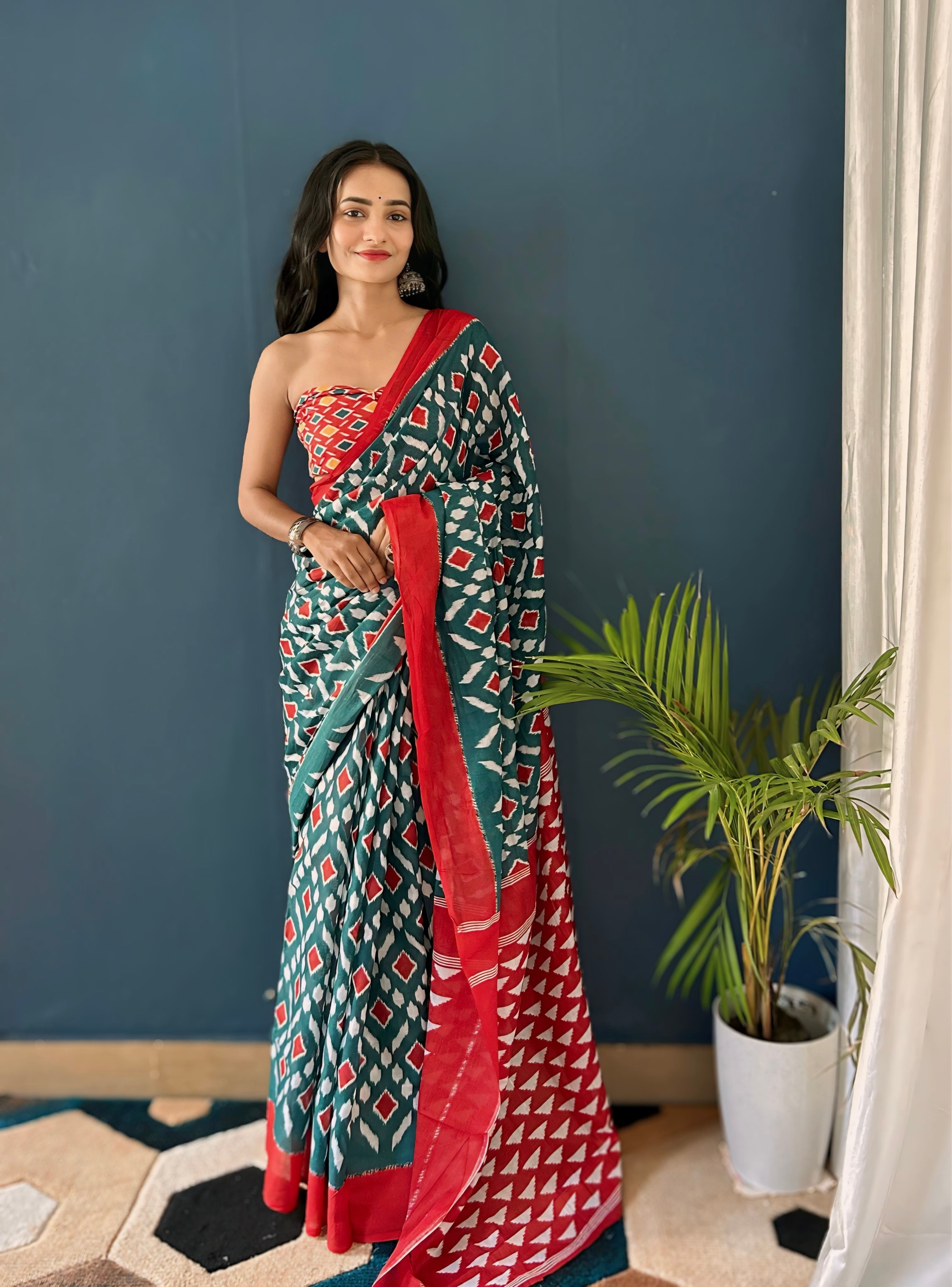 Beautiful Printed Soft Pure Cotton Saree With Unstitched Blouse.