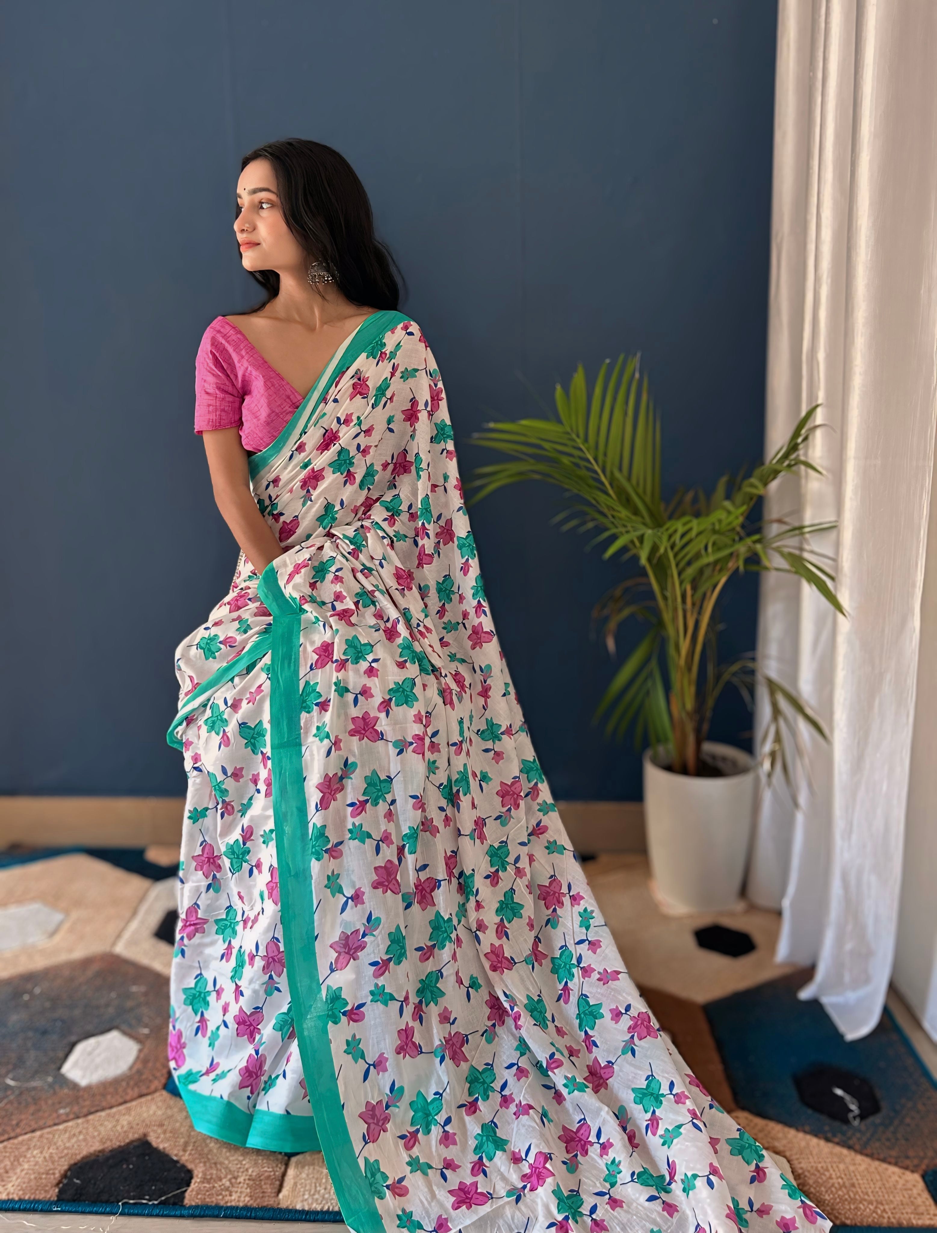 Beautiful Printed Soft Pure Cotton Saree With Unstitched Blouse.