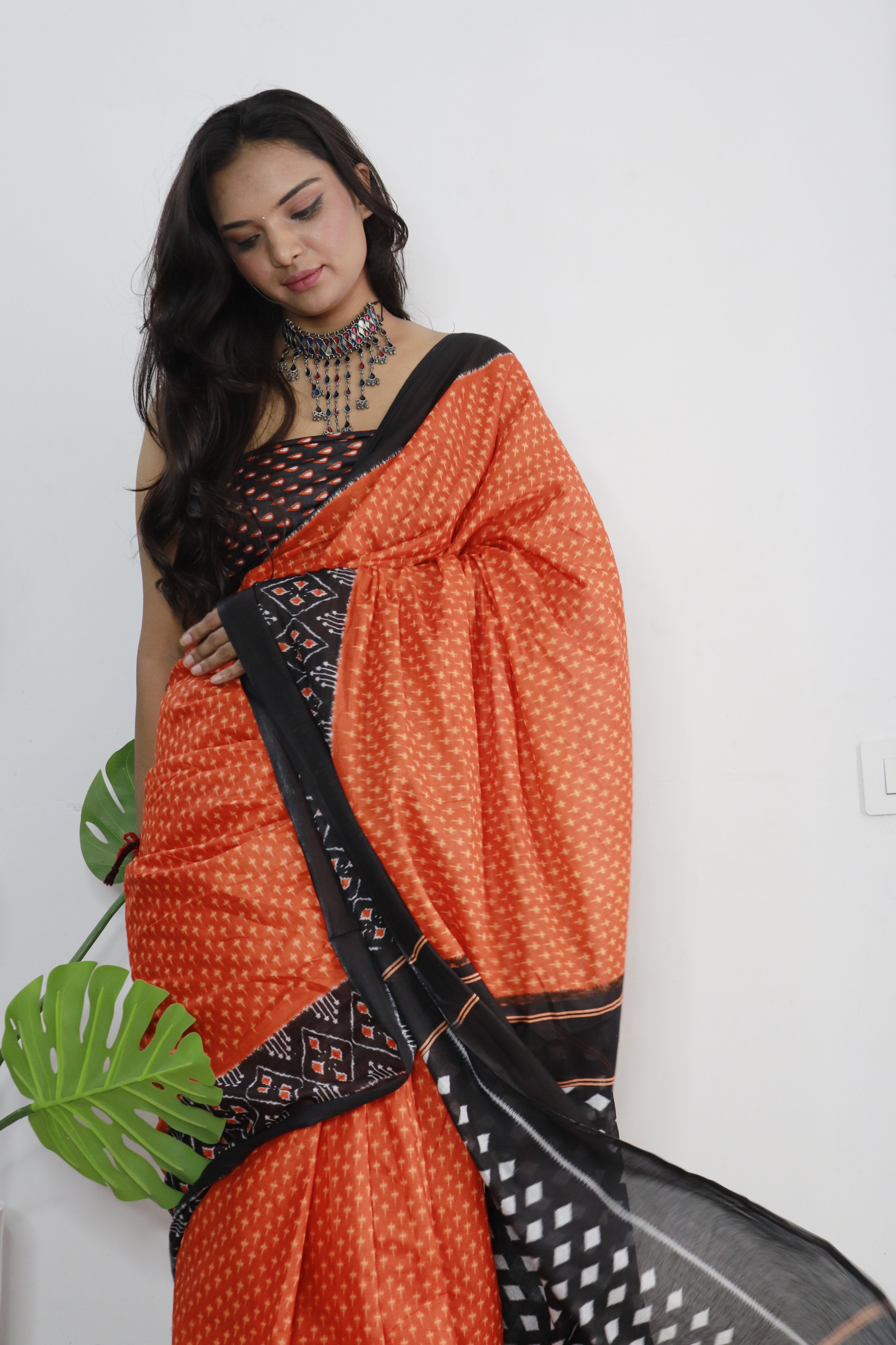 Orange Printed 100% Soft Pure Cotton Saree With Unstitched Blouse.