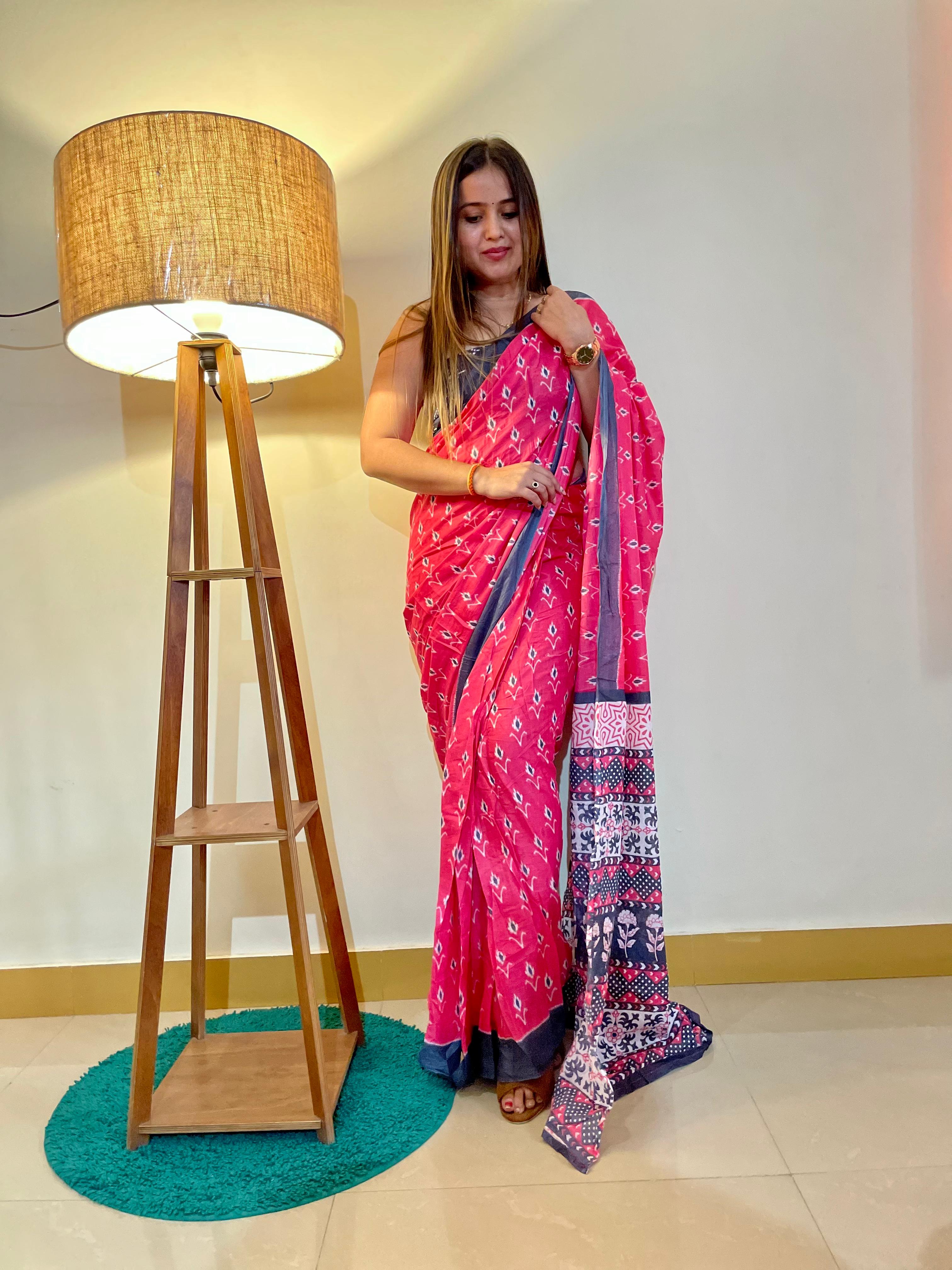 Printed Soft Pure Cotton Saree With Unstitched Blouse.