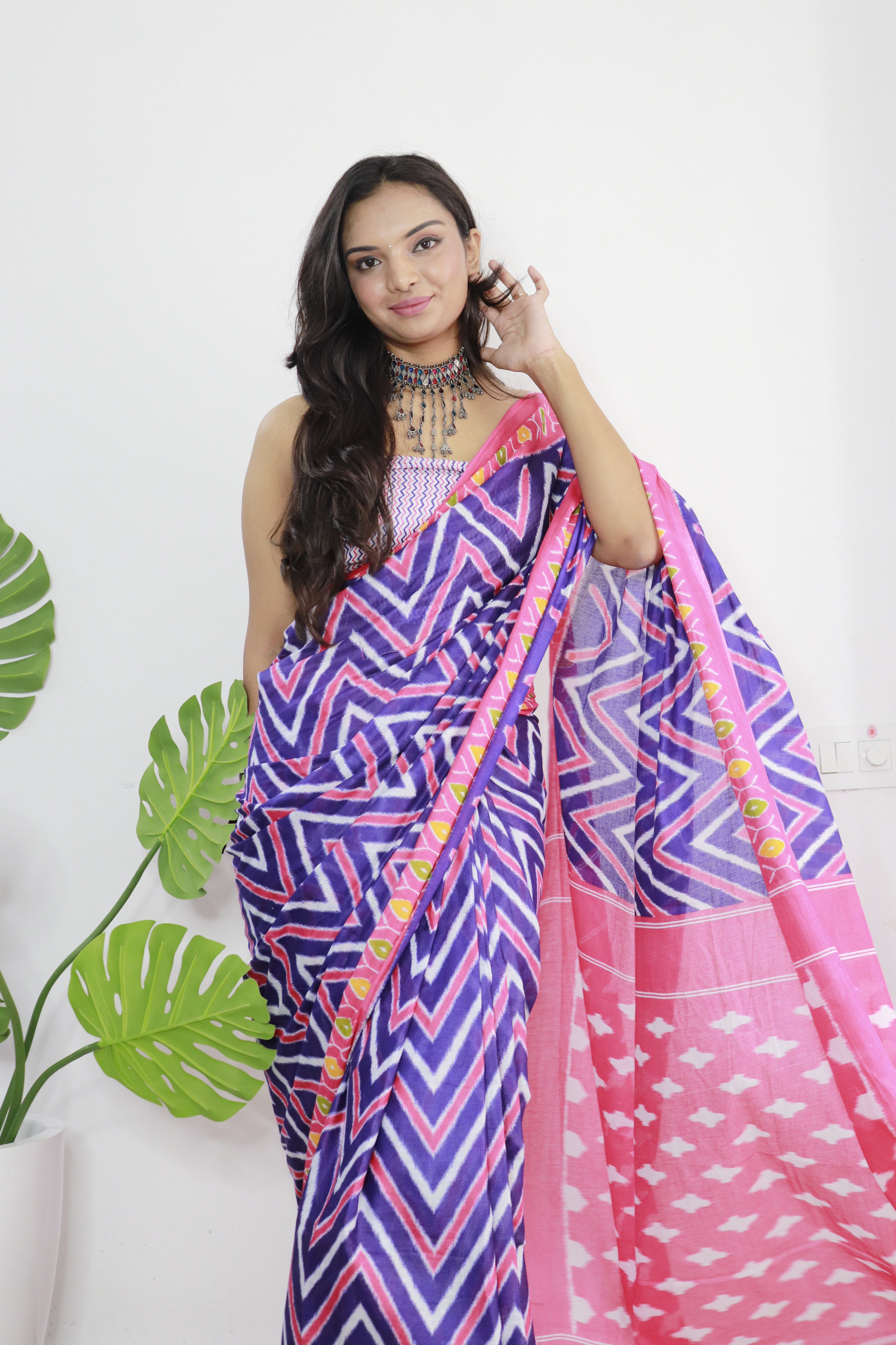 Purple Printed 100% Soft Pure Cotton Saree With Unstitched Blouse.