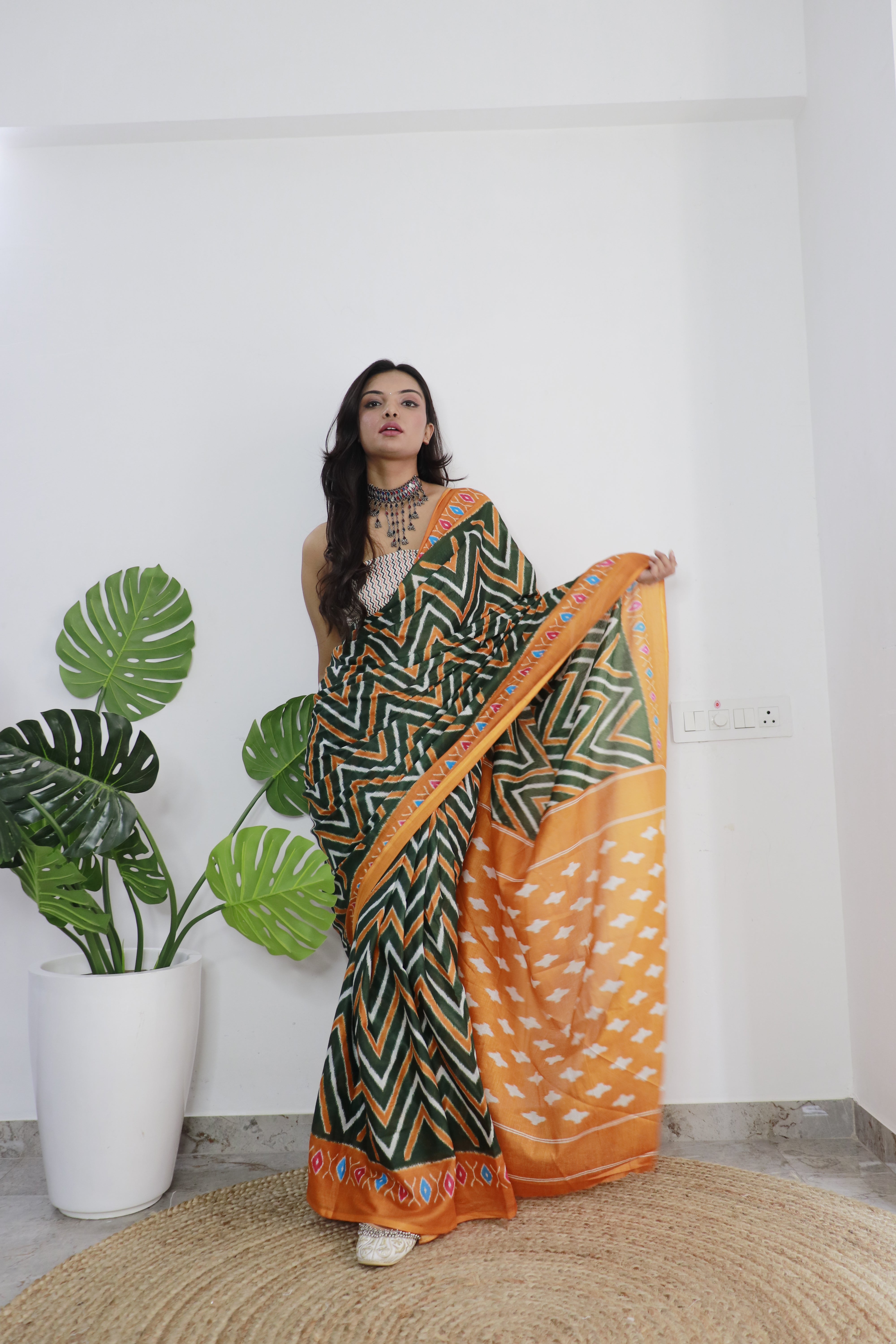 Orange Printed 100% Soft Pure Cotton Saree With Unstitched Blouse.