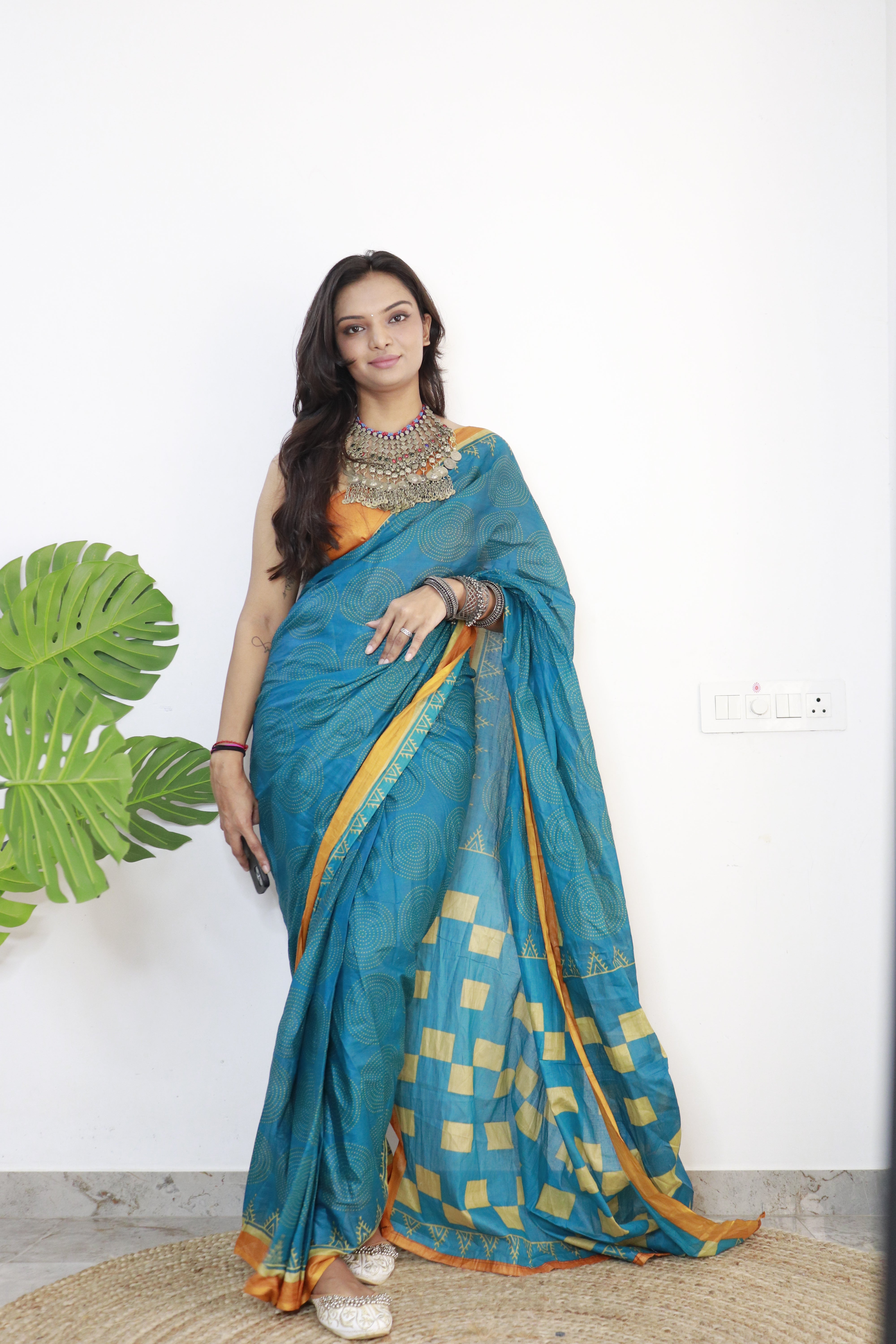 Rama Printed 100% Soft Pure Cotton Saree With Unstitched Blouse.