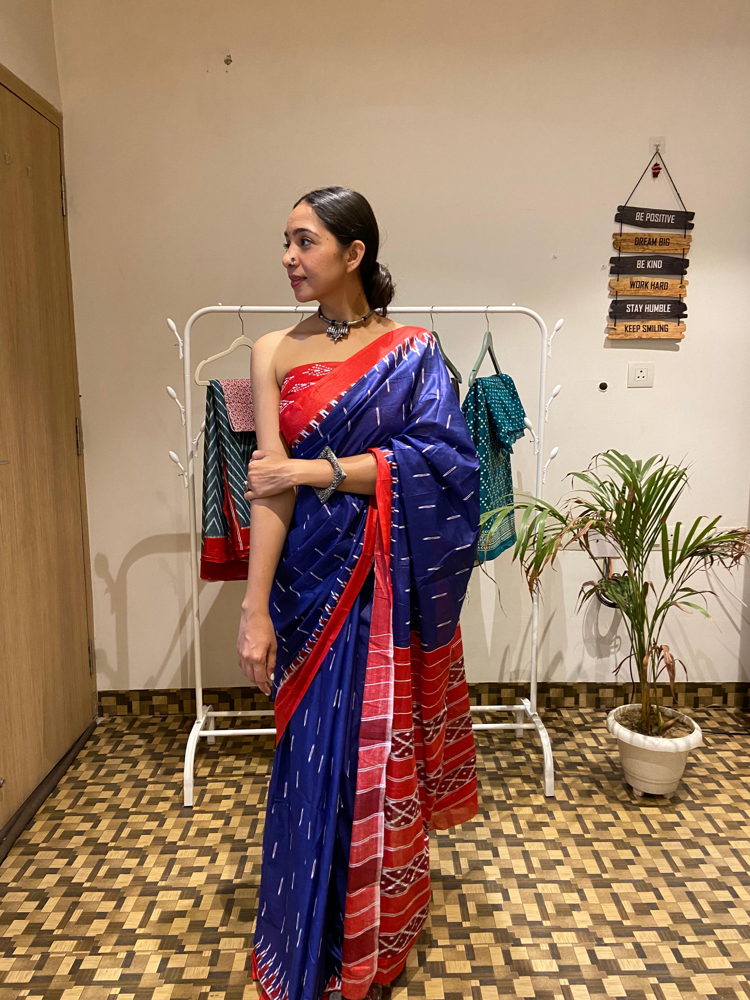 Blue Red Printed 100% Soft Pure Cotton Saree With Unstitched Blouse.