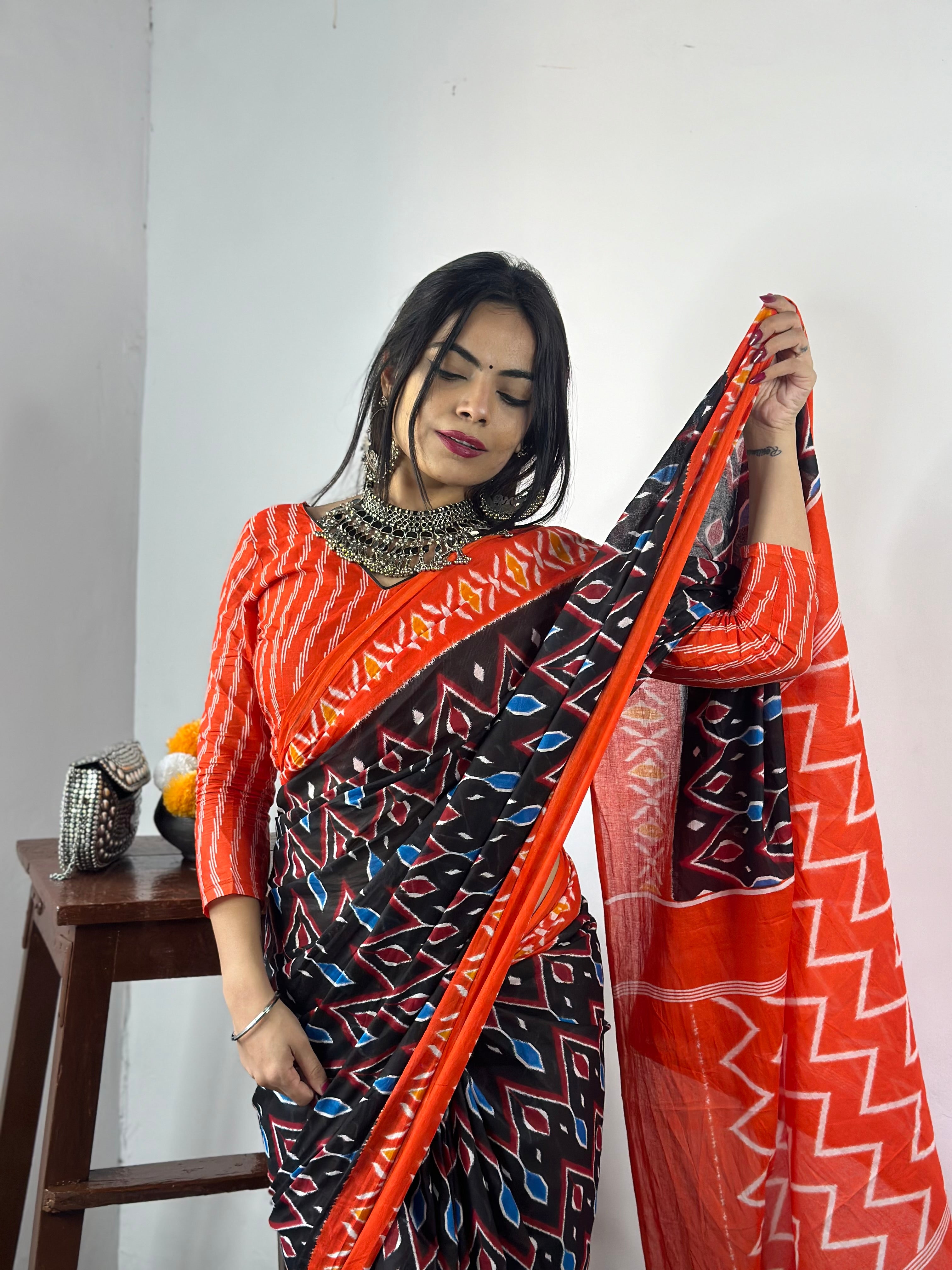 Beautiful Printed Soft Pure Cotton Saree With Unstitched Blouse.