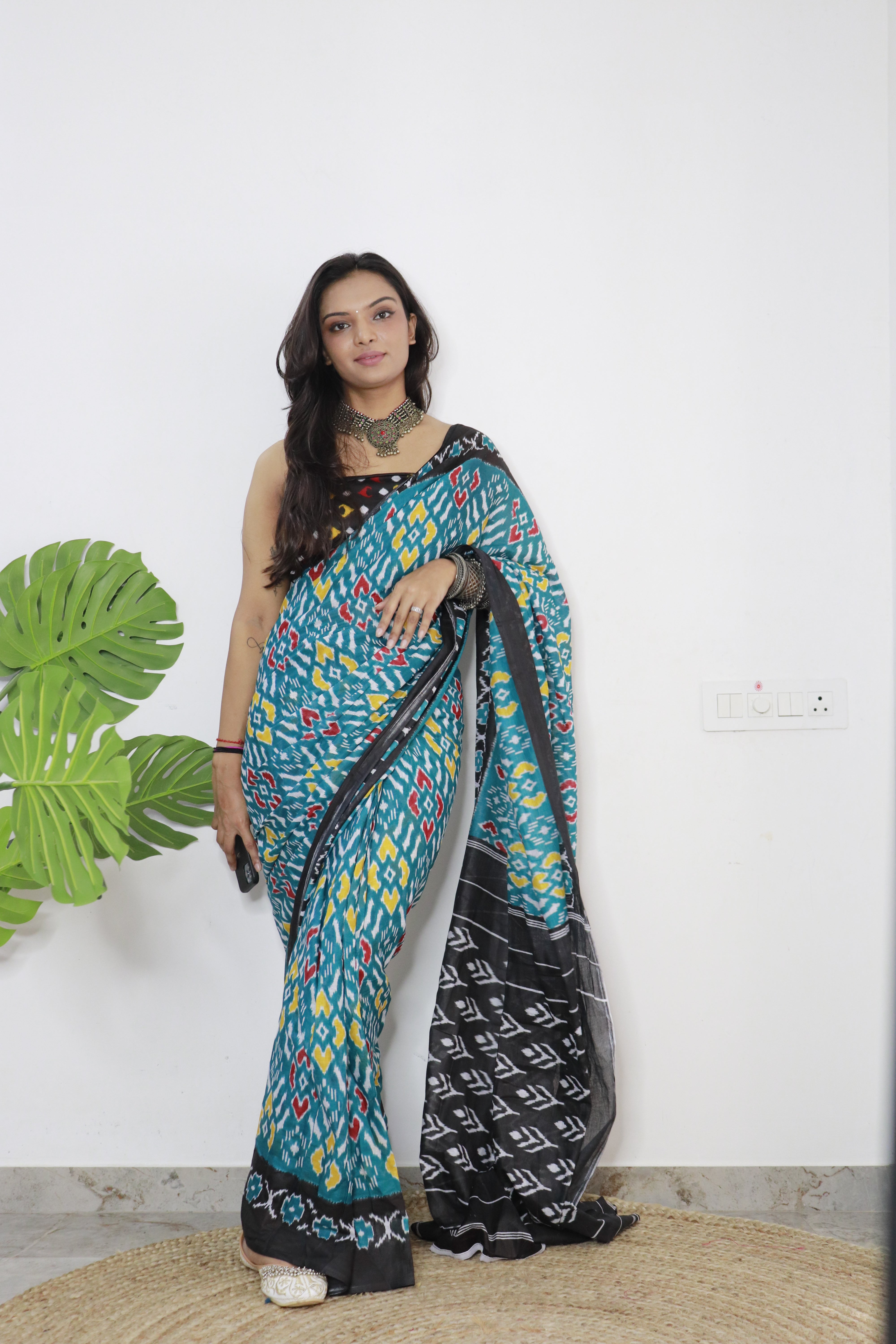 Sea Green Maroon Printed 100% Soft Pure Cotton Saree With Unstitched Blouse.