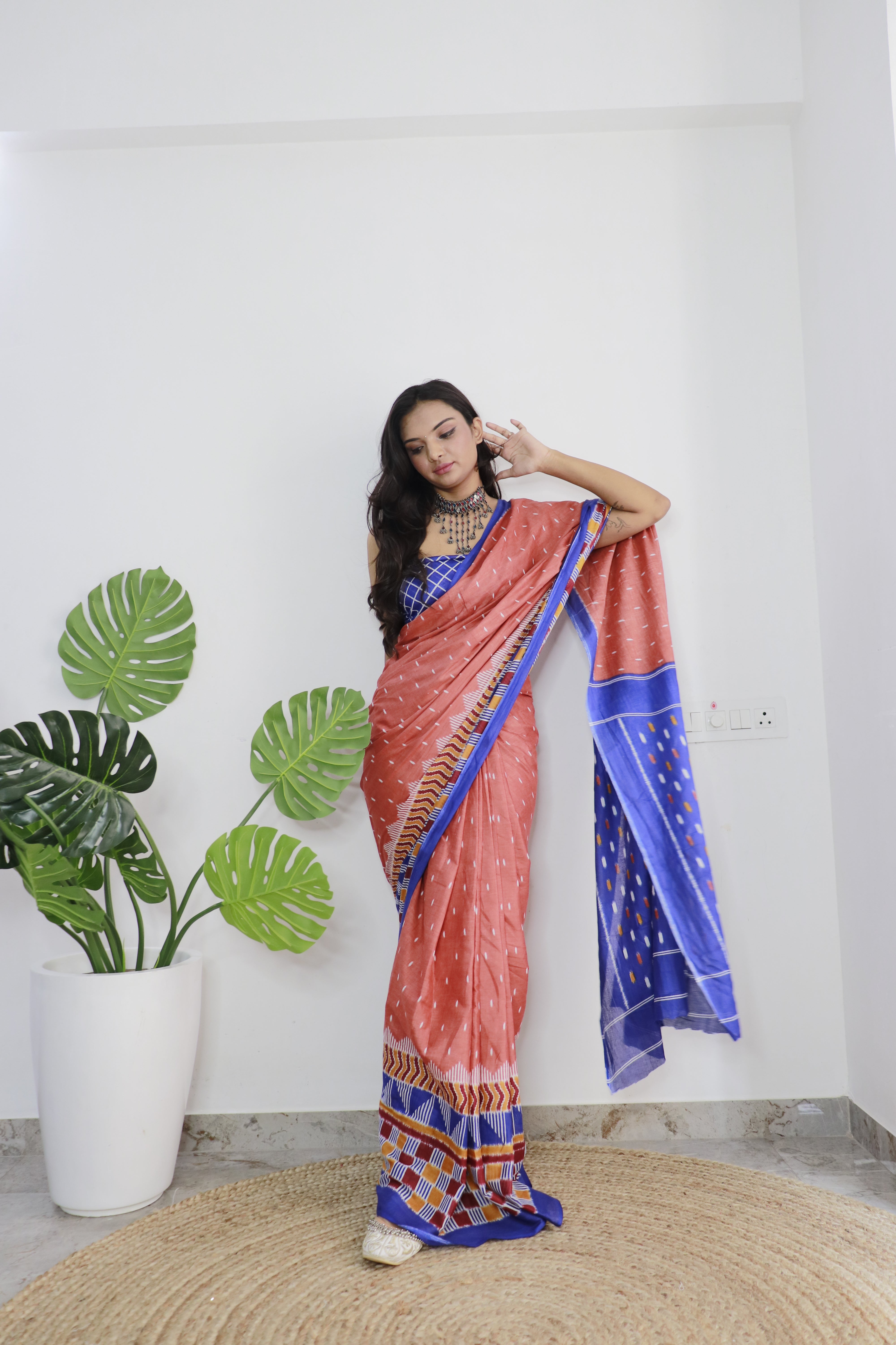 Blue Printed 100% Soft Pure Cotton Saree With Unstitched Blouse.