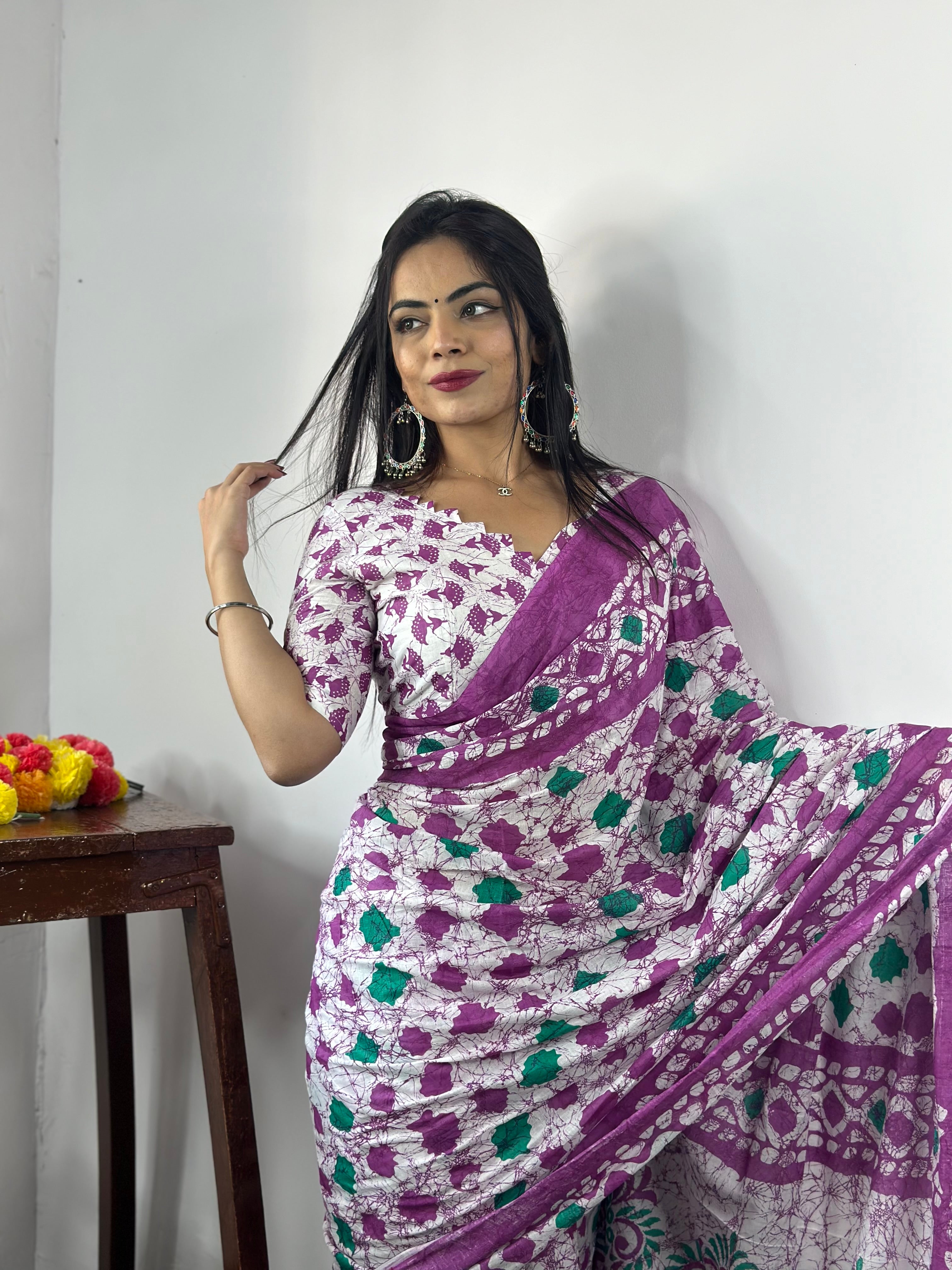 Beautiful Printed Soft Pure Cotton Saree With Unstitched Blouse.