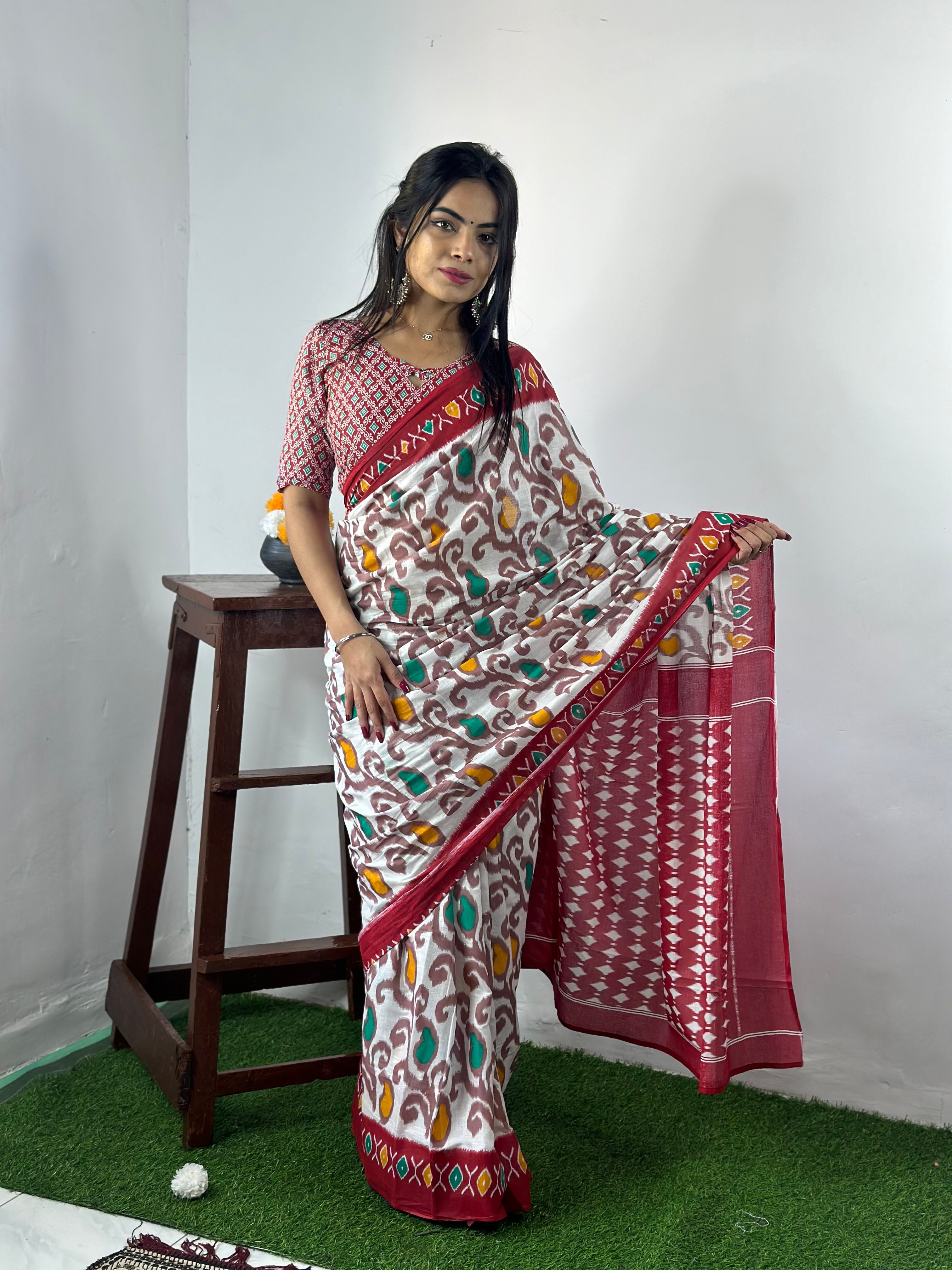 Beautiful Printed Soft Pure Cotton Saree With Unstitched Blouse.