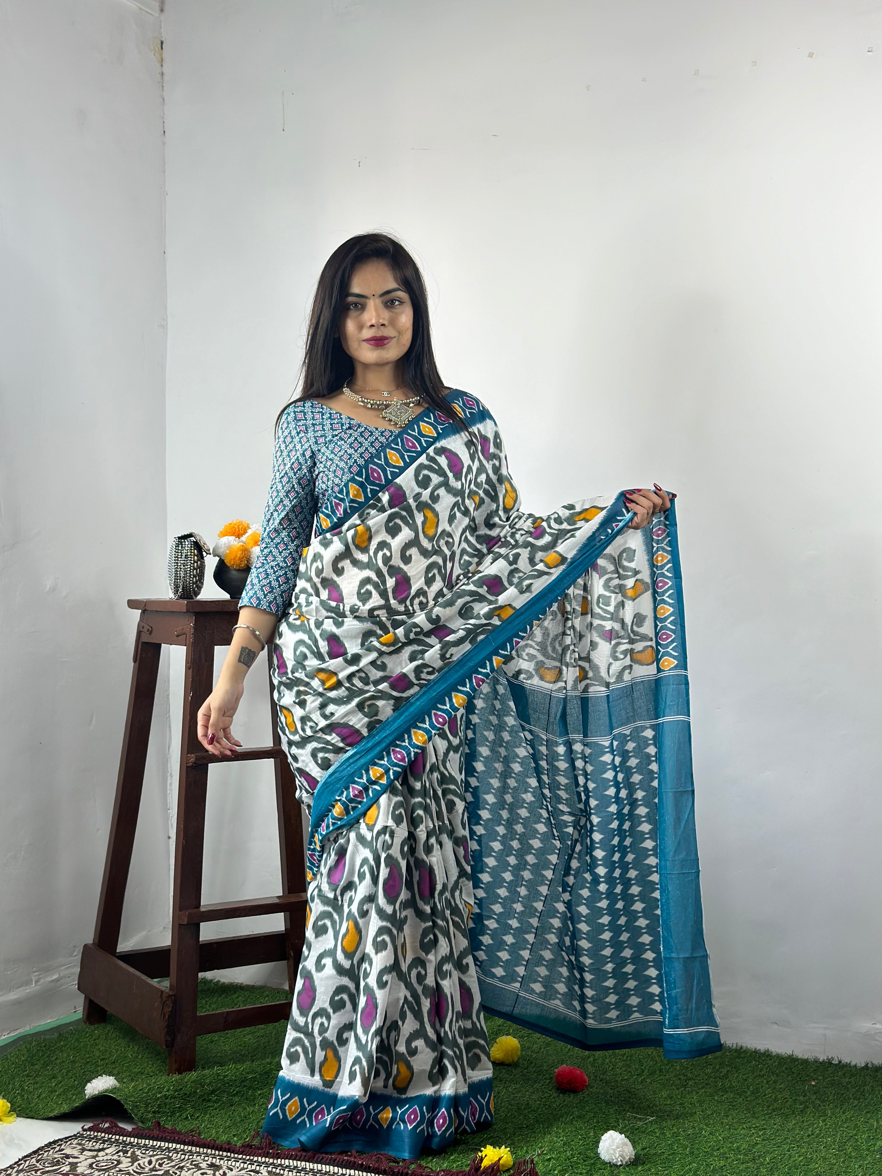 Beautiful Printed Soft Pure Cotton Saree With Unstitched Blouse.