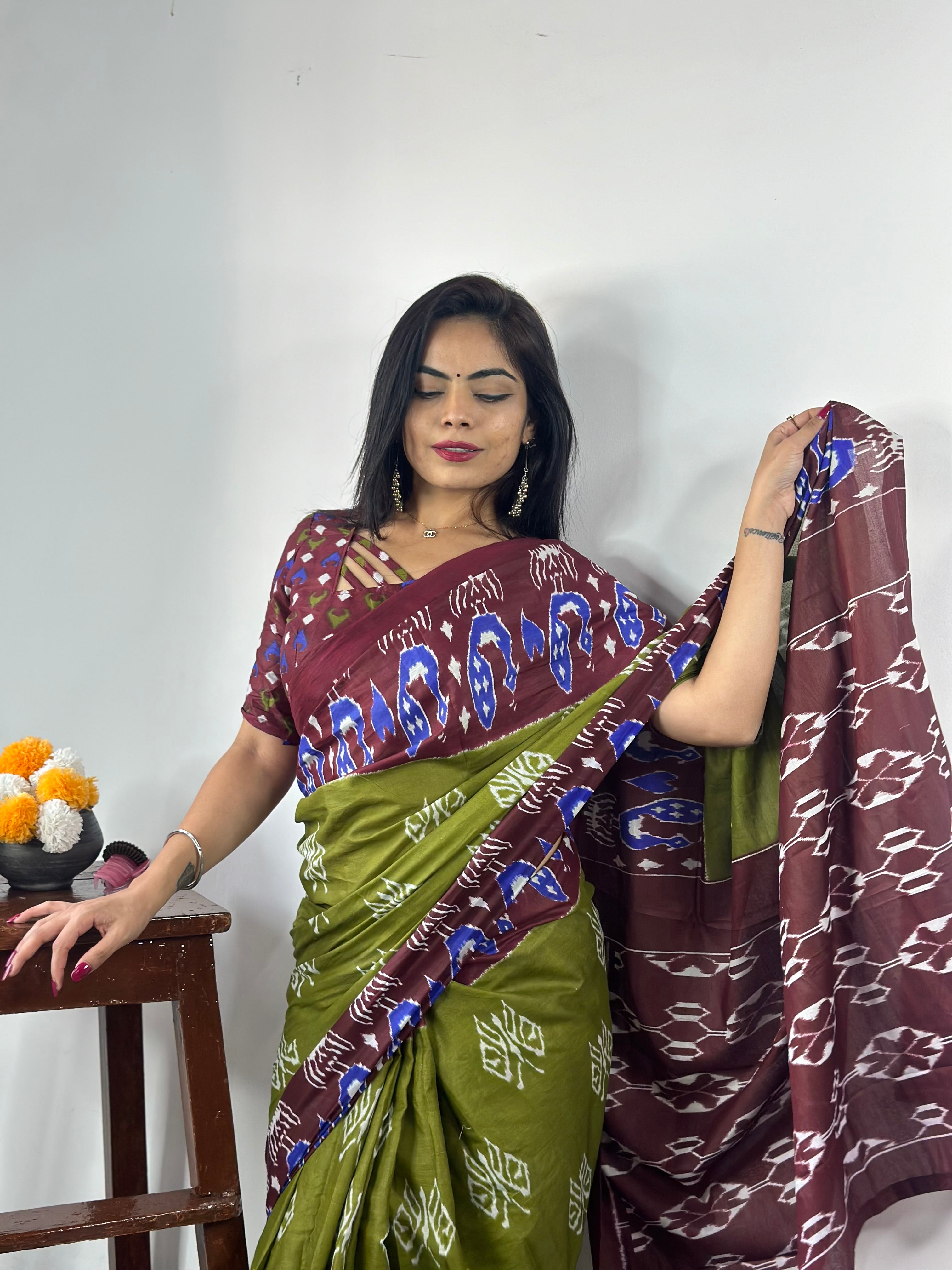 Beautiful Printed Soft Pure Cotton Saree With Unstitched Blouse.