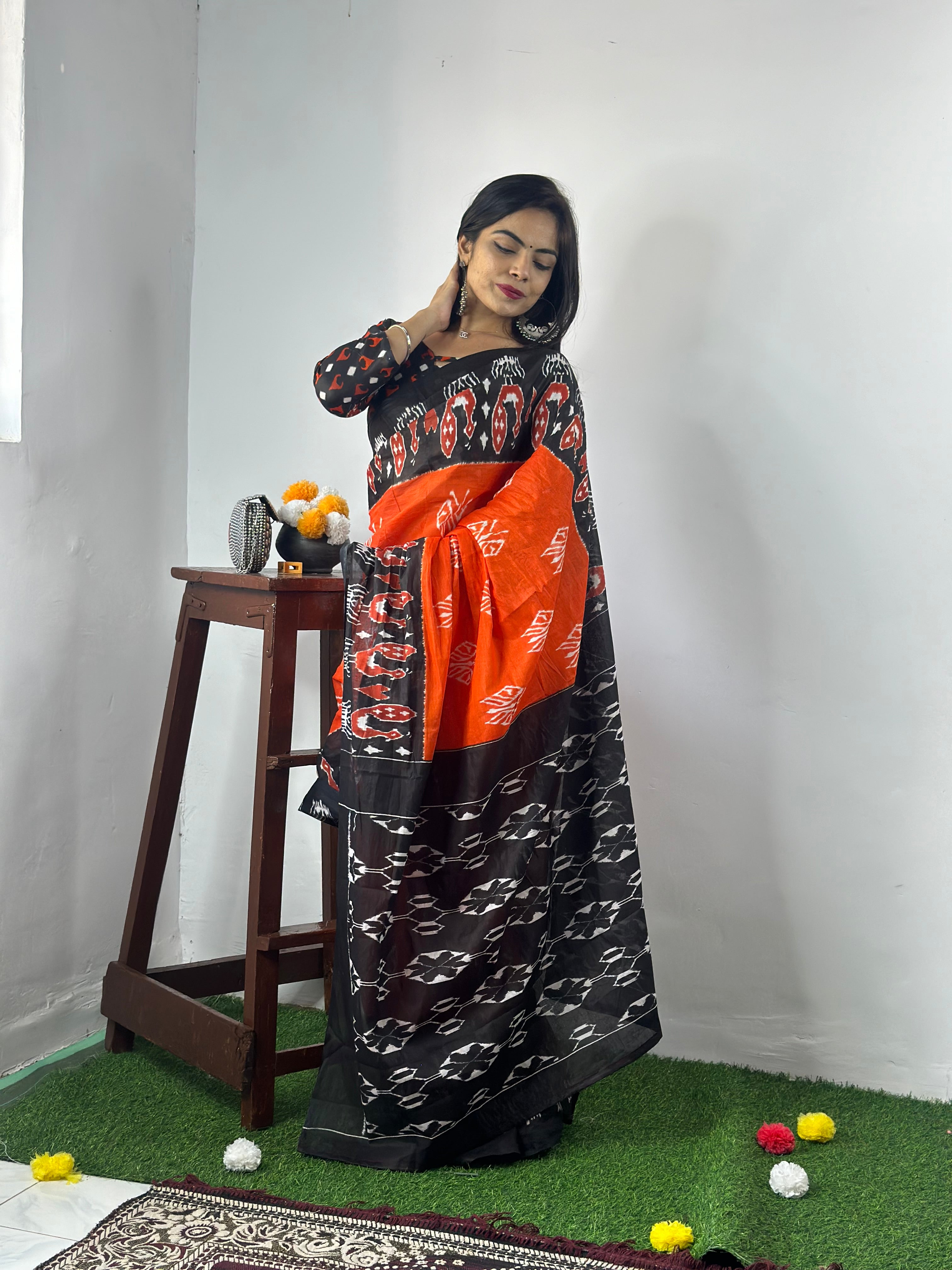 Beautiful Printed Soft Pure Cotton Saree With Unstitched Blouse.