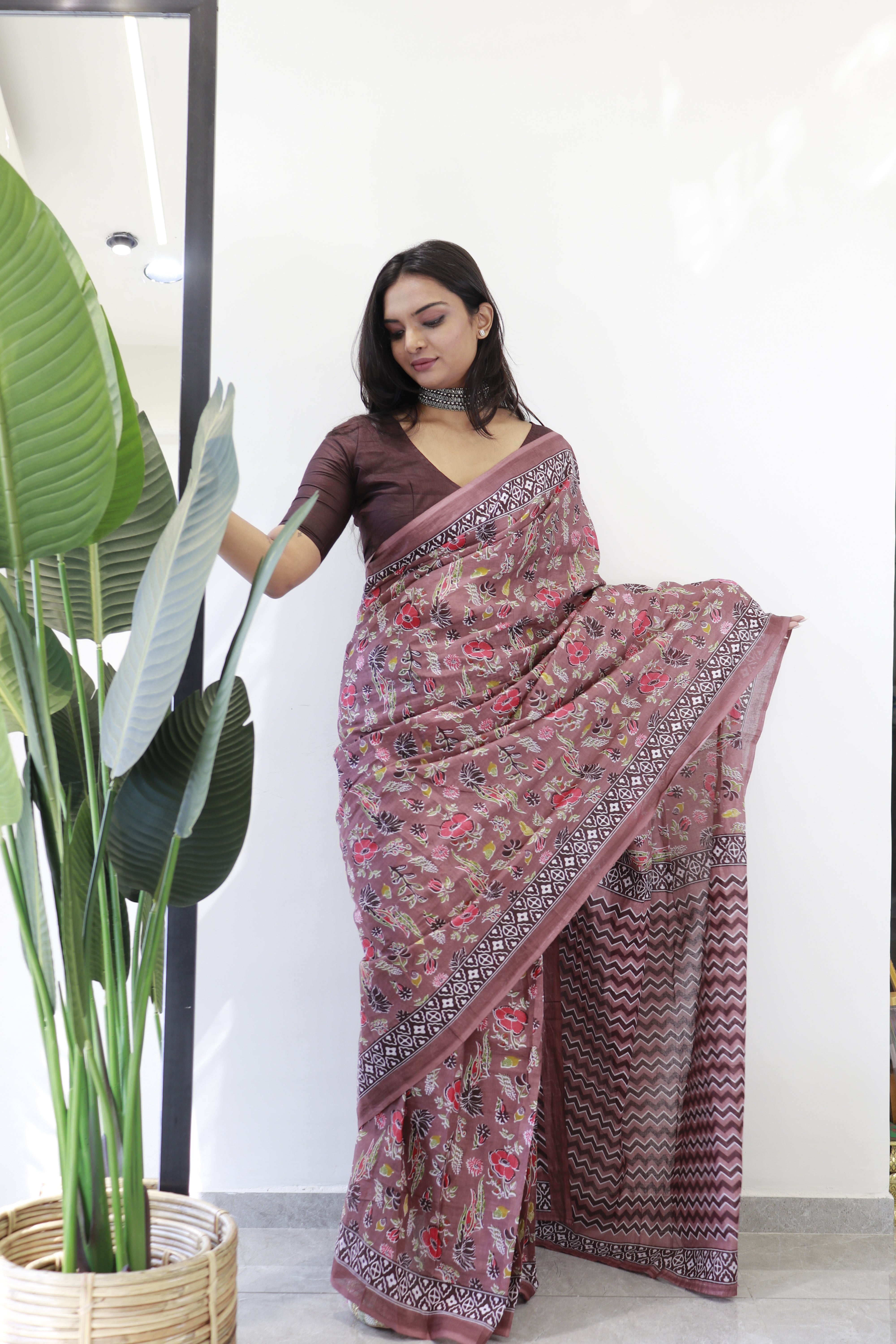 Floral Printed 100% Soft Pure Cotton Saree With Unstitched Blouse.