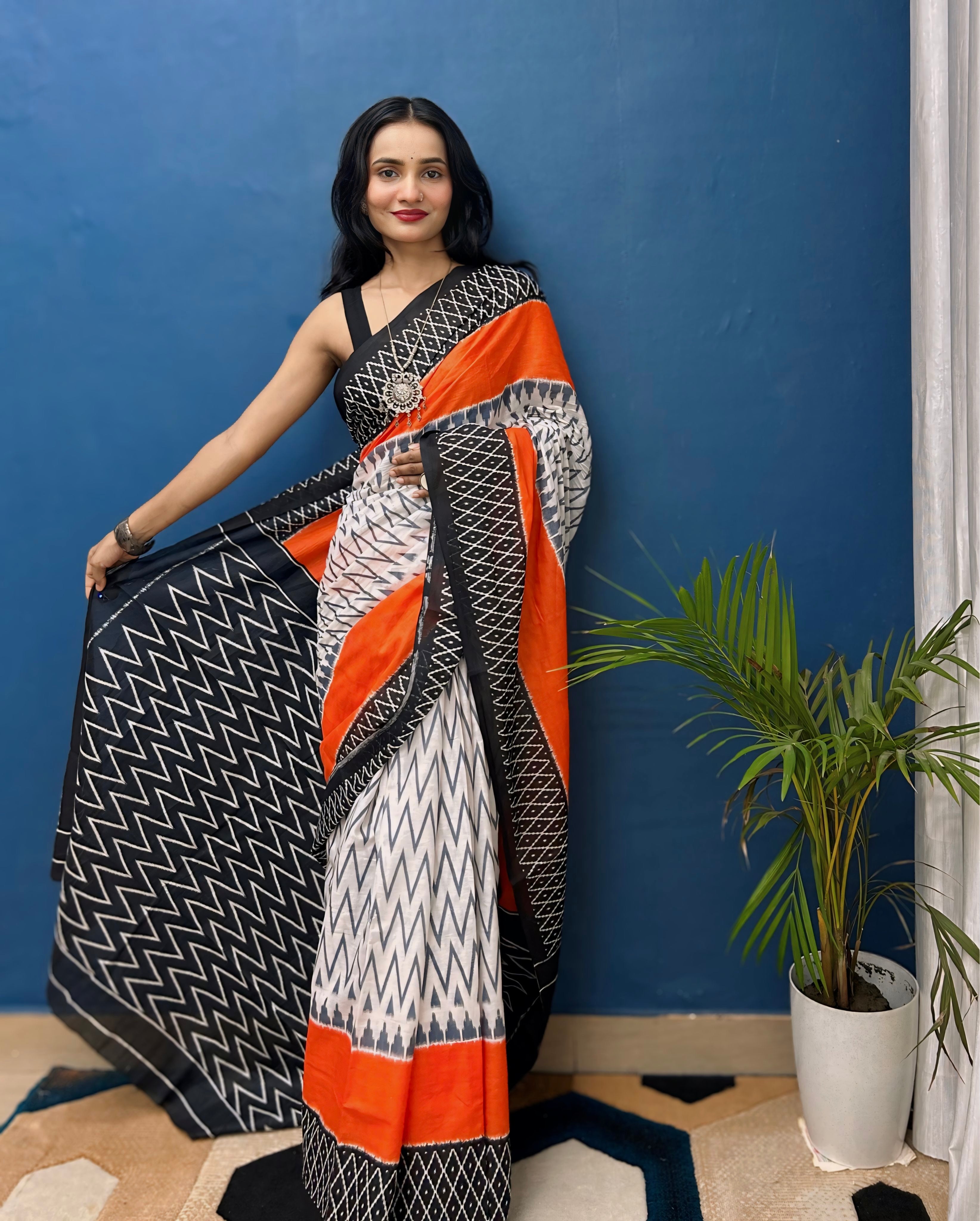 Beautiful Printed Soft Pure Cotton Saree With Unstitched Blouse.