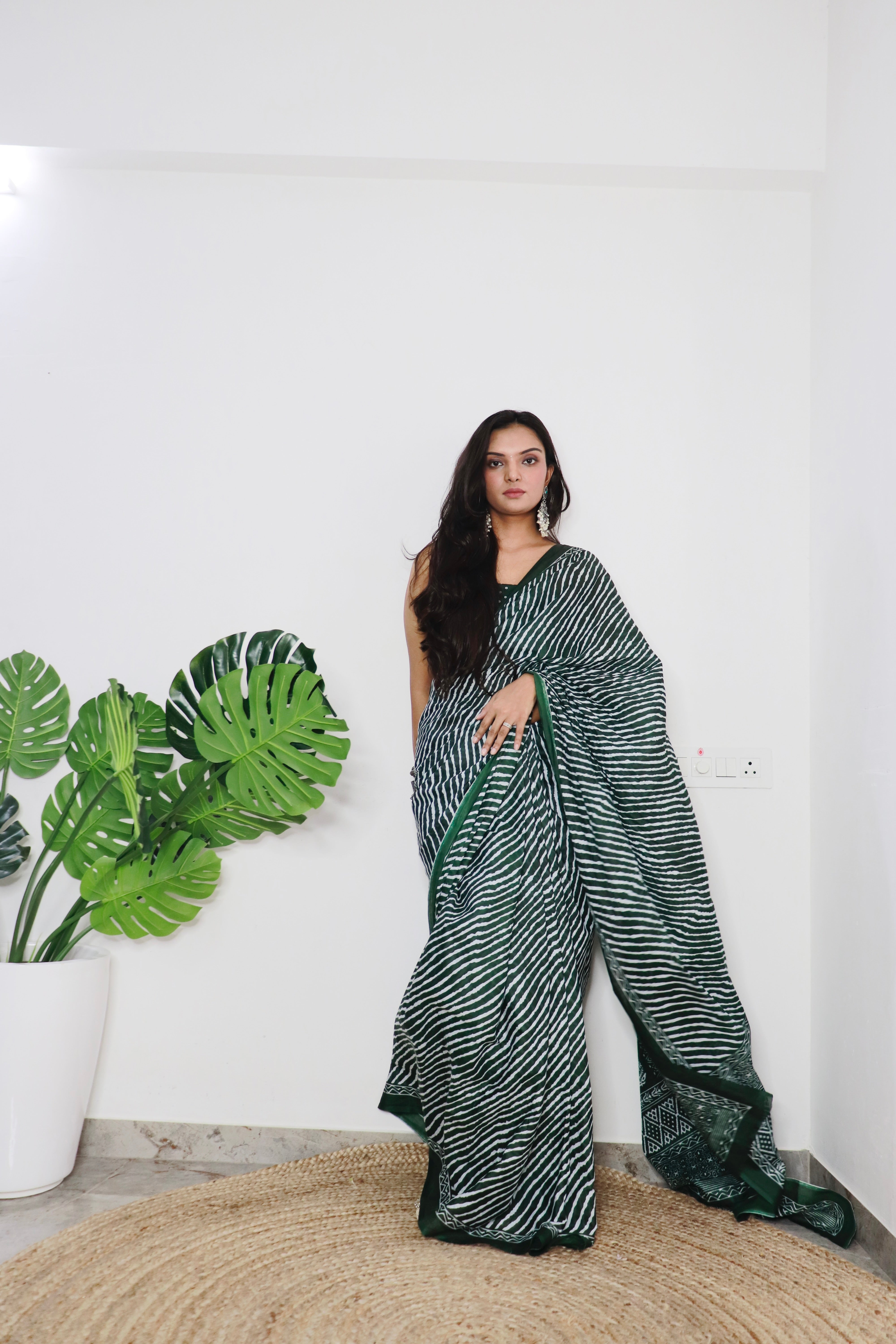 Dark Green Printed Soft Pure Cotton Saree With Unstitched Blouse.