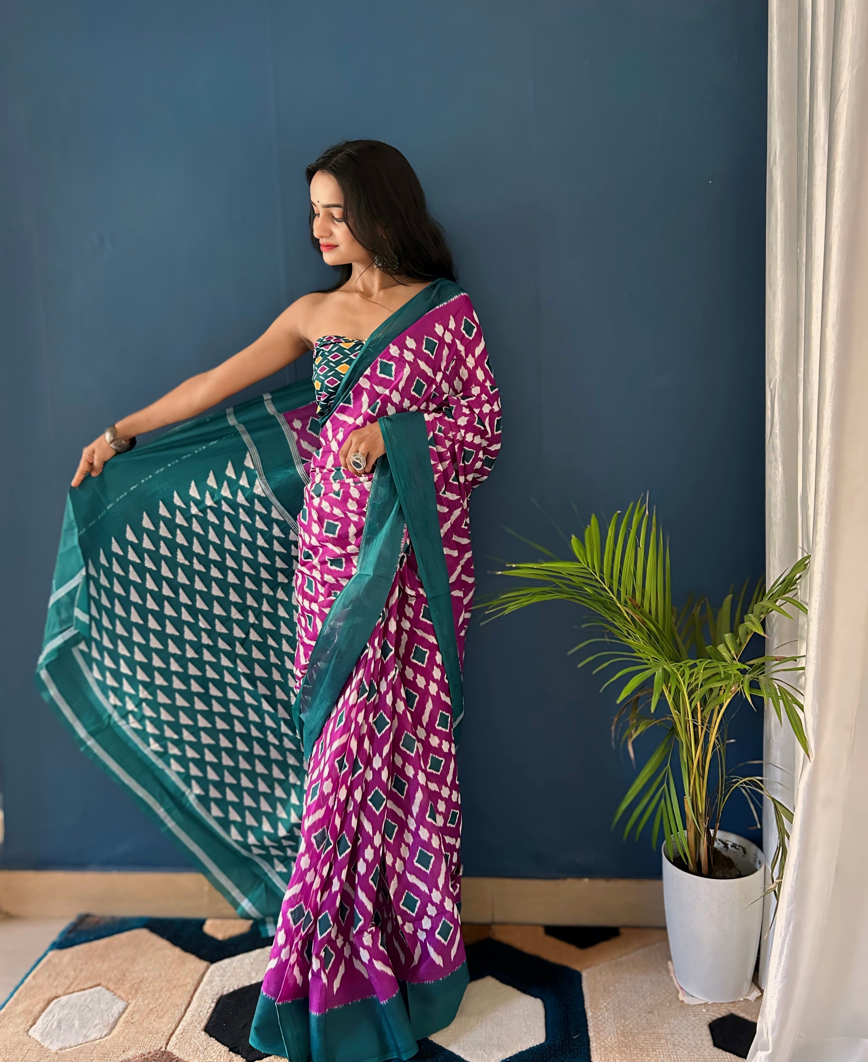 Beautiful Printed Soft Pure Cotton Saree With Unstitched Blouse.