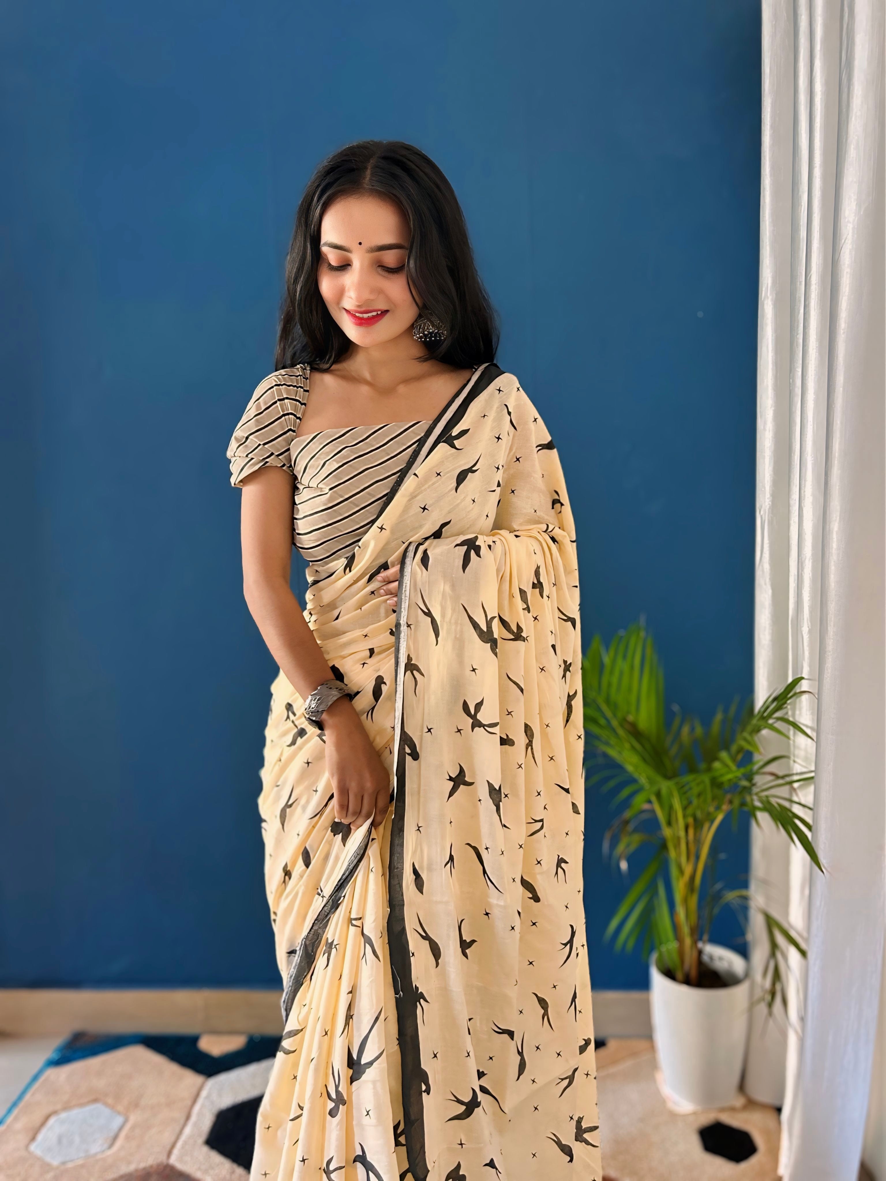 Beautiful Printed Soft Pure Cotton Saree With Unstitched Blouse.