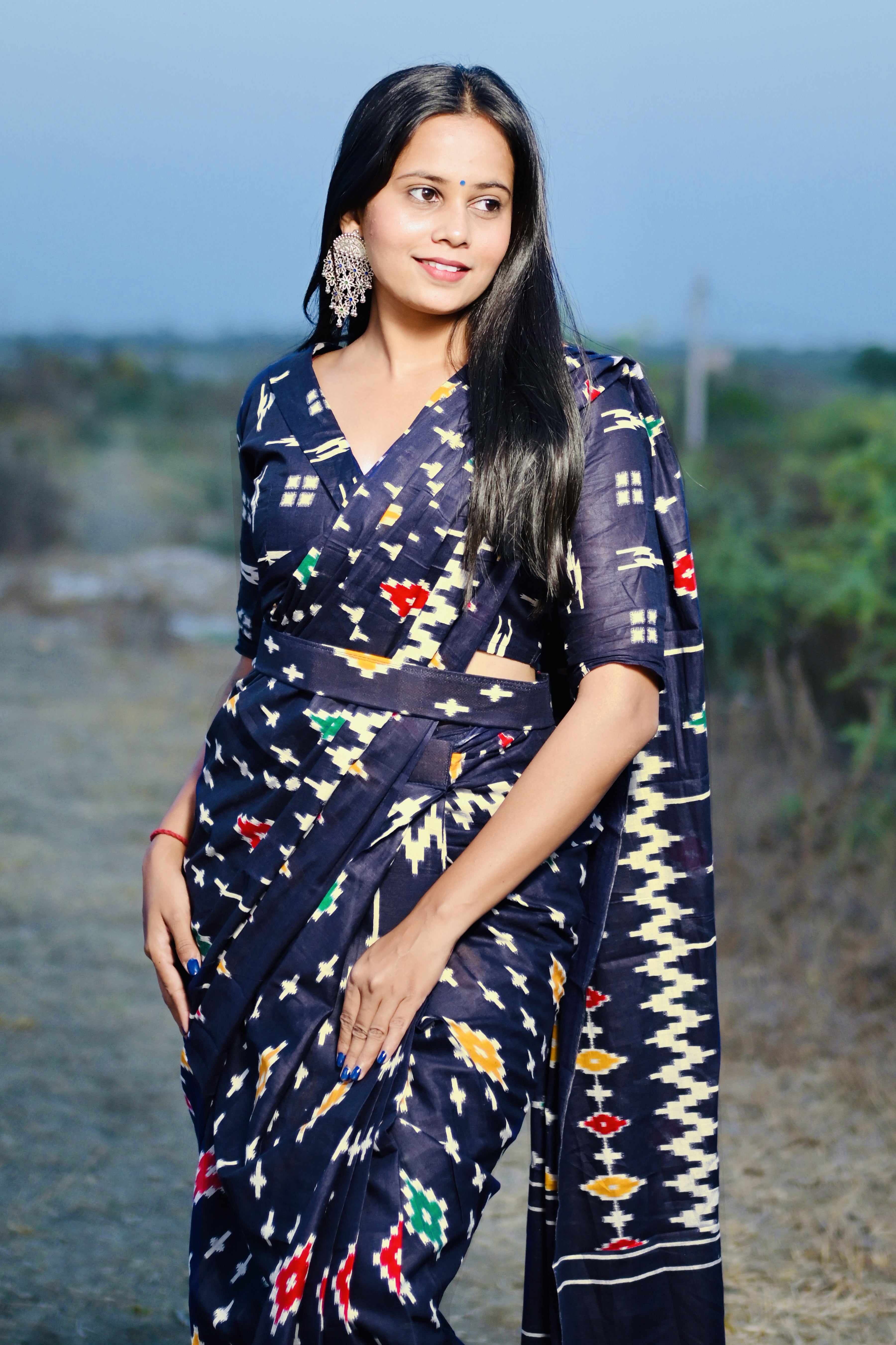 Ready To Wear Blue Printed 100% Soft Pure Cotton Saree With Unstitched Blouse.