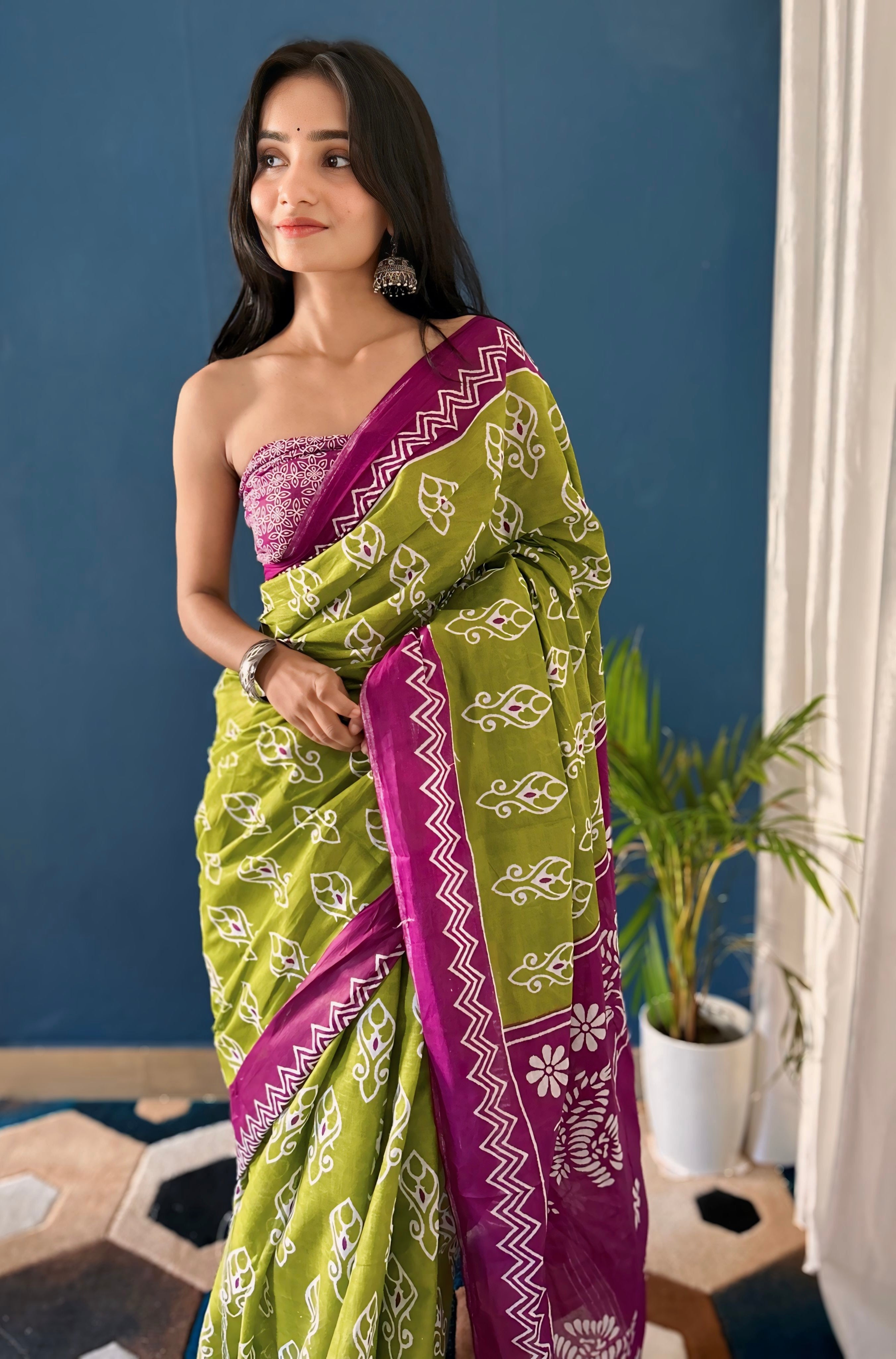 Beautiful Printed Soft Pure Cotton Saree With Unstitched Blouse.