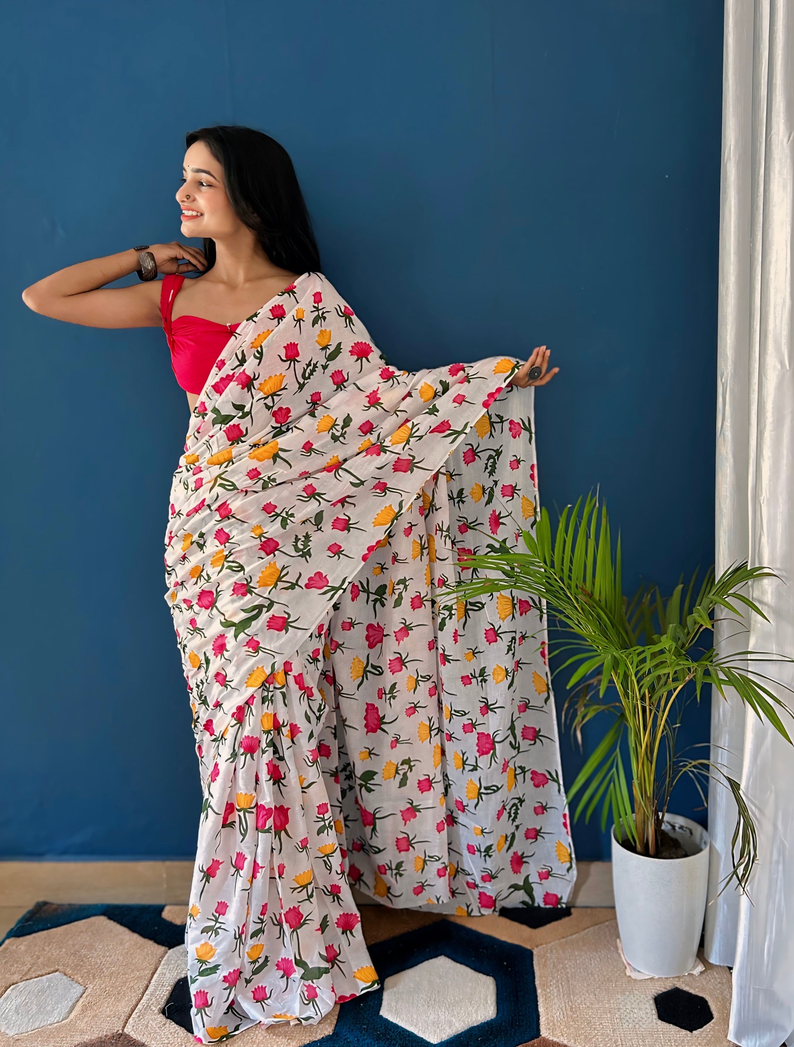 Beautiful Printed Soft Pure Cotton Saree With Unstitched Blouse.