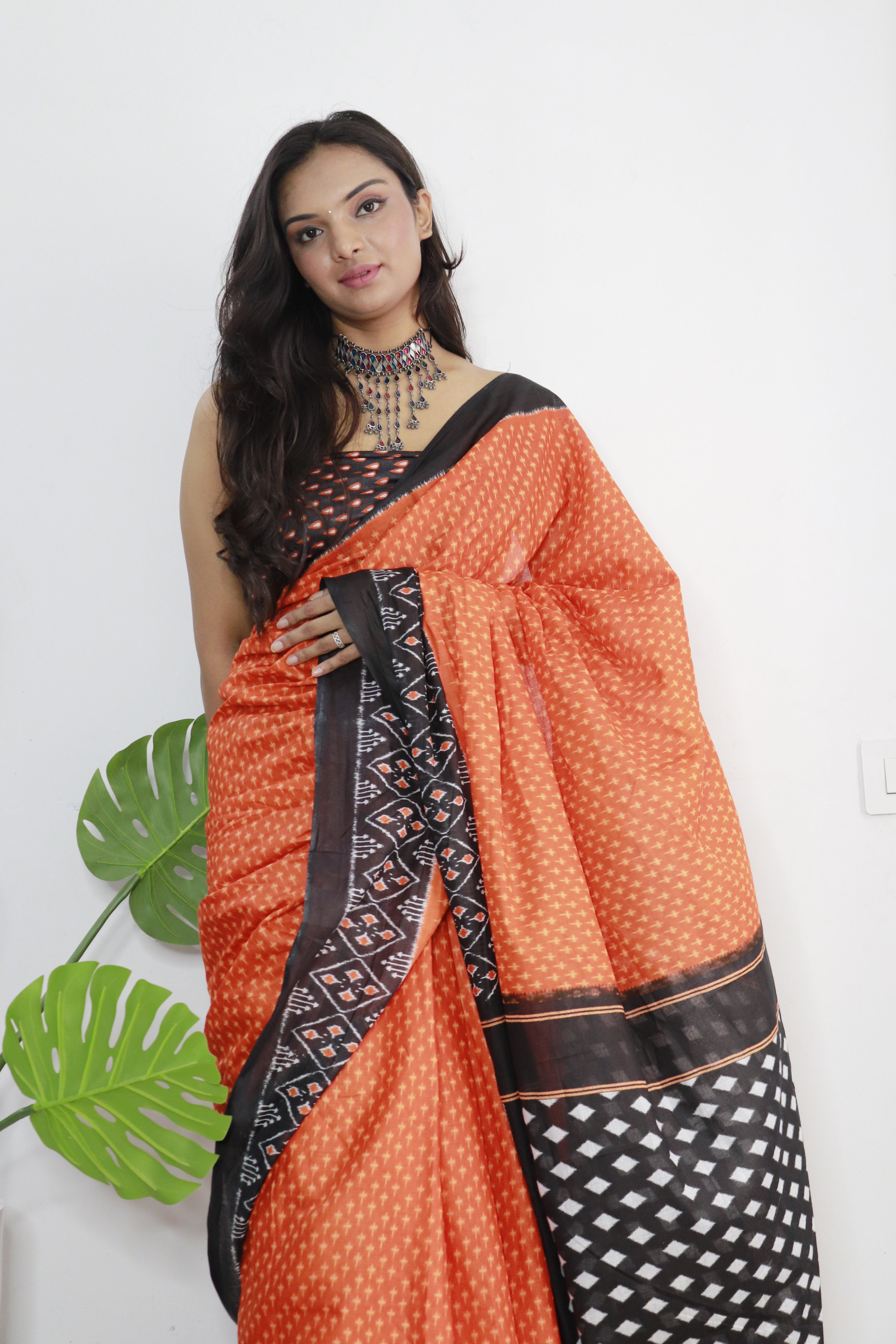 Orange Printed 100% Soft Pure Cotton Saree With Unstitched Blouse.