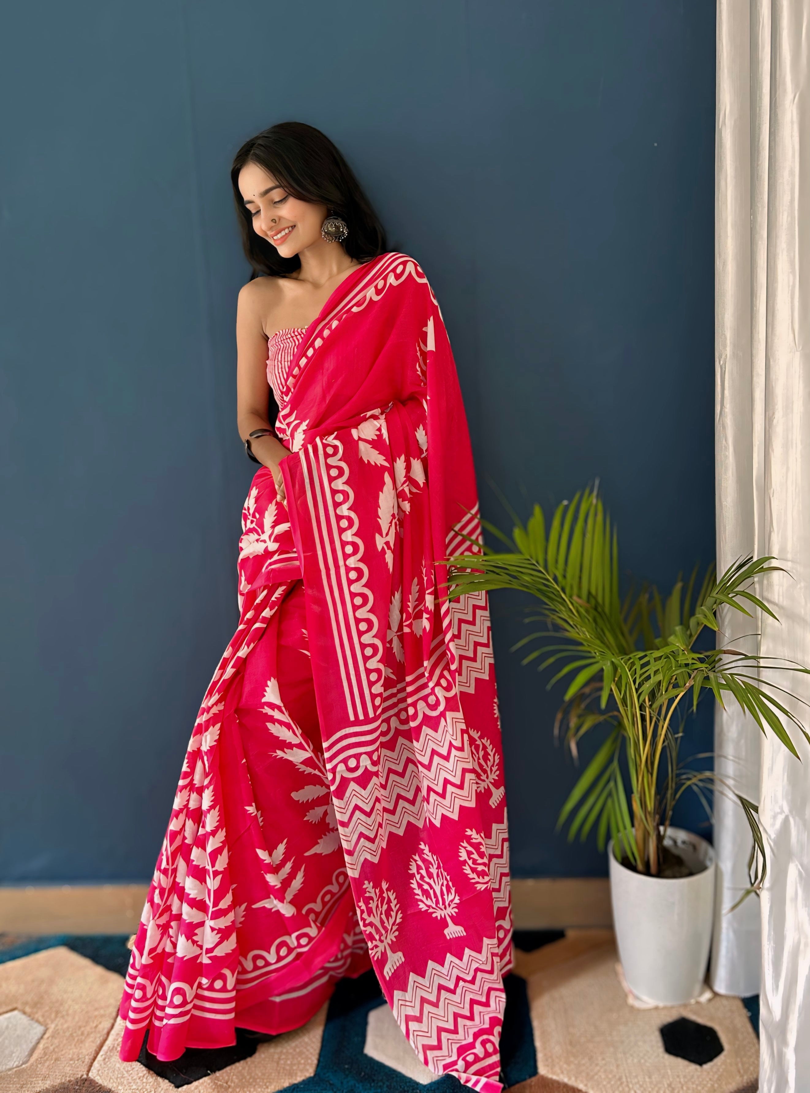 Beautiful Printed Soft Pure Cotton Saree With Unstitched Blouse.