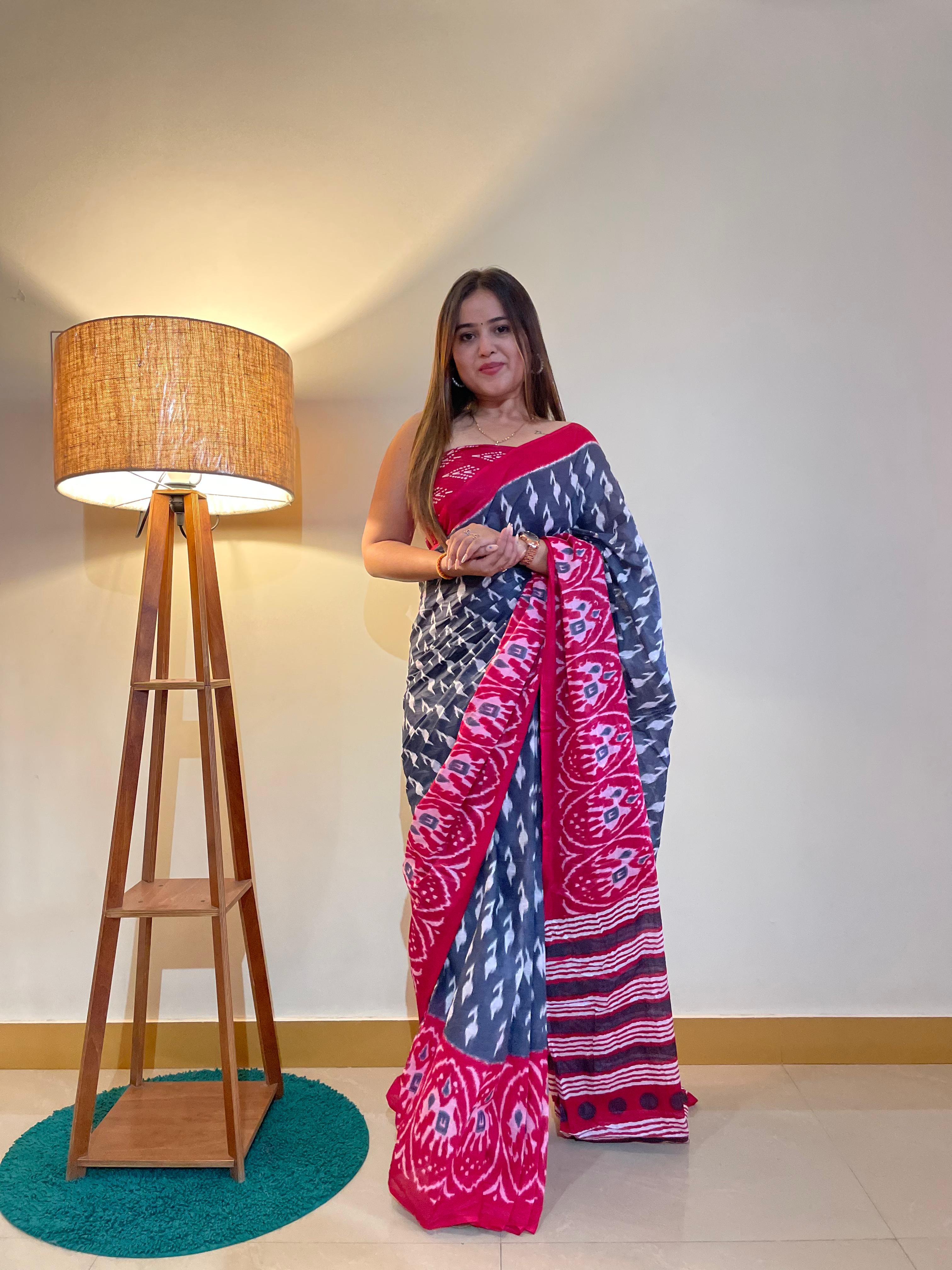 Printed Soft Pure Cotton Saree With Unstitched Blouse.