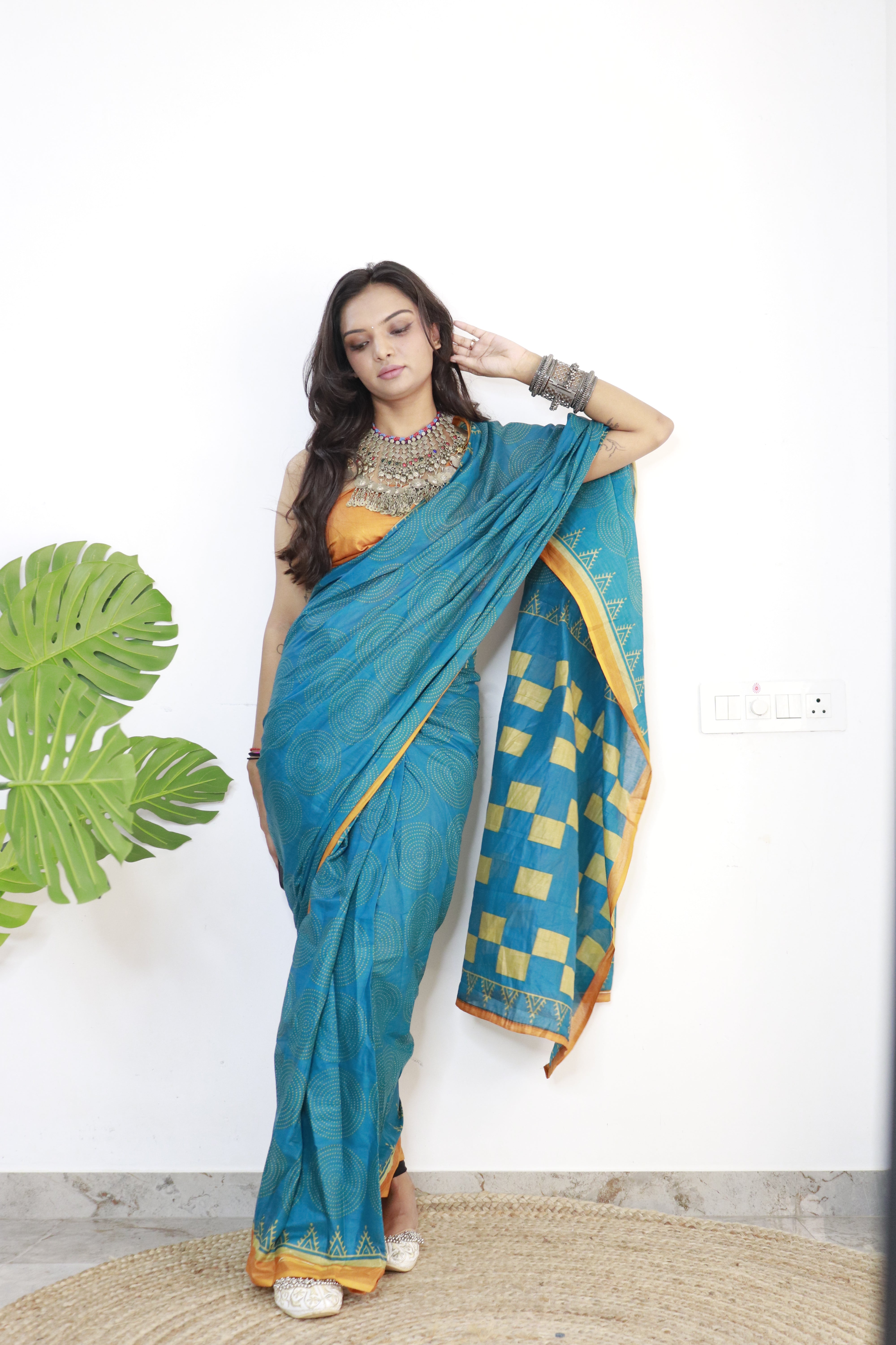 Rama Printed 100% Soft Pure Cotton Saree With Unstitched Blouse.