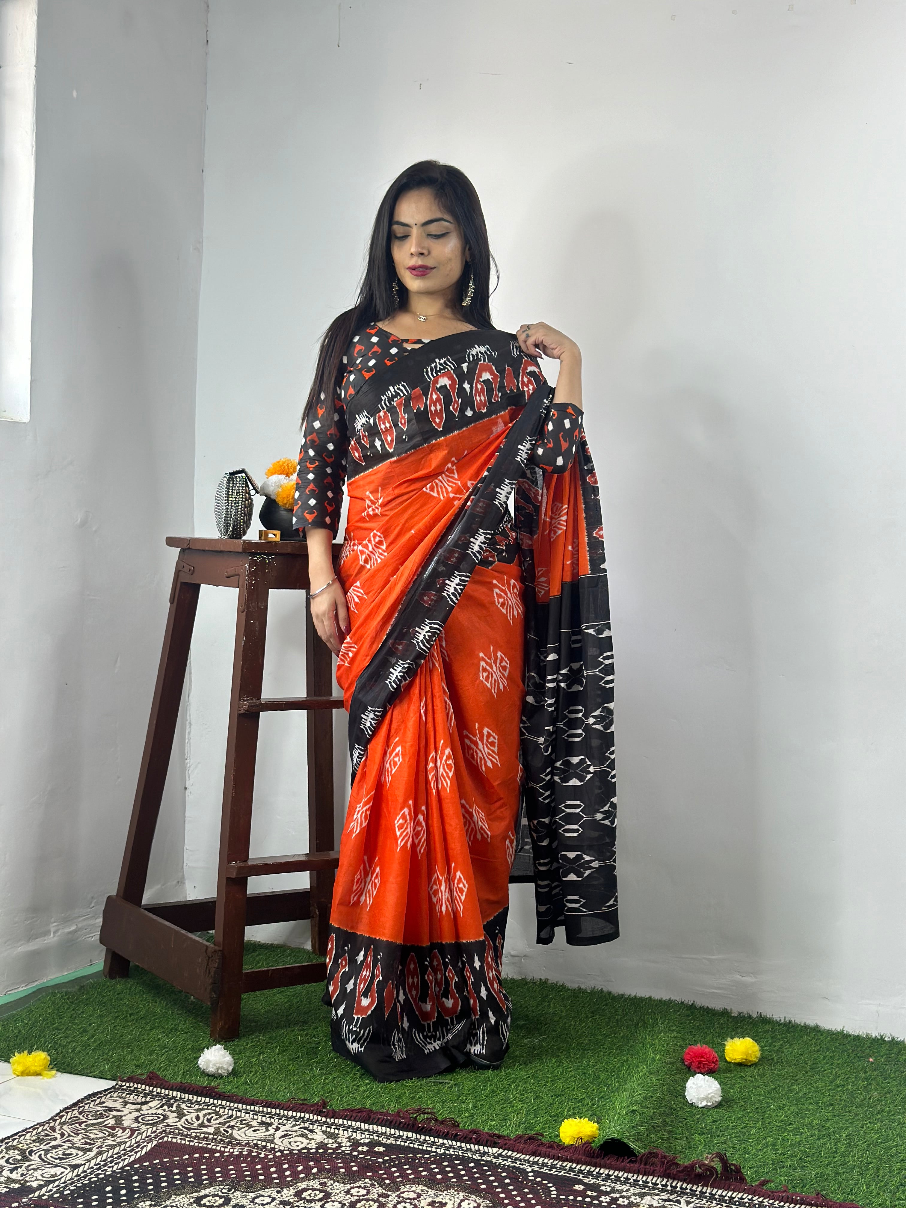 Beautiful Printed Soft Pure Cotton Saree With Unstitched Blouse.