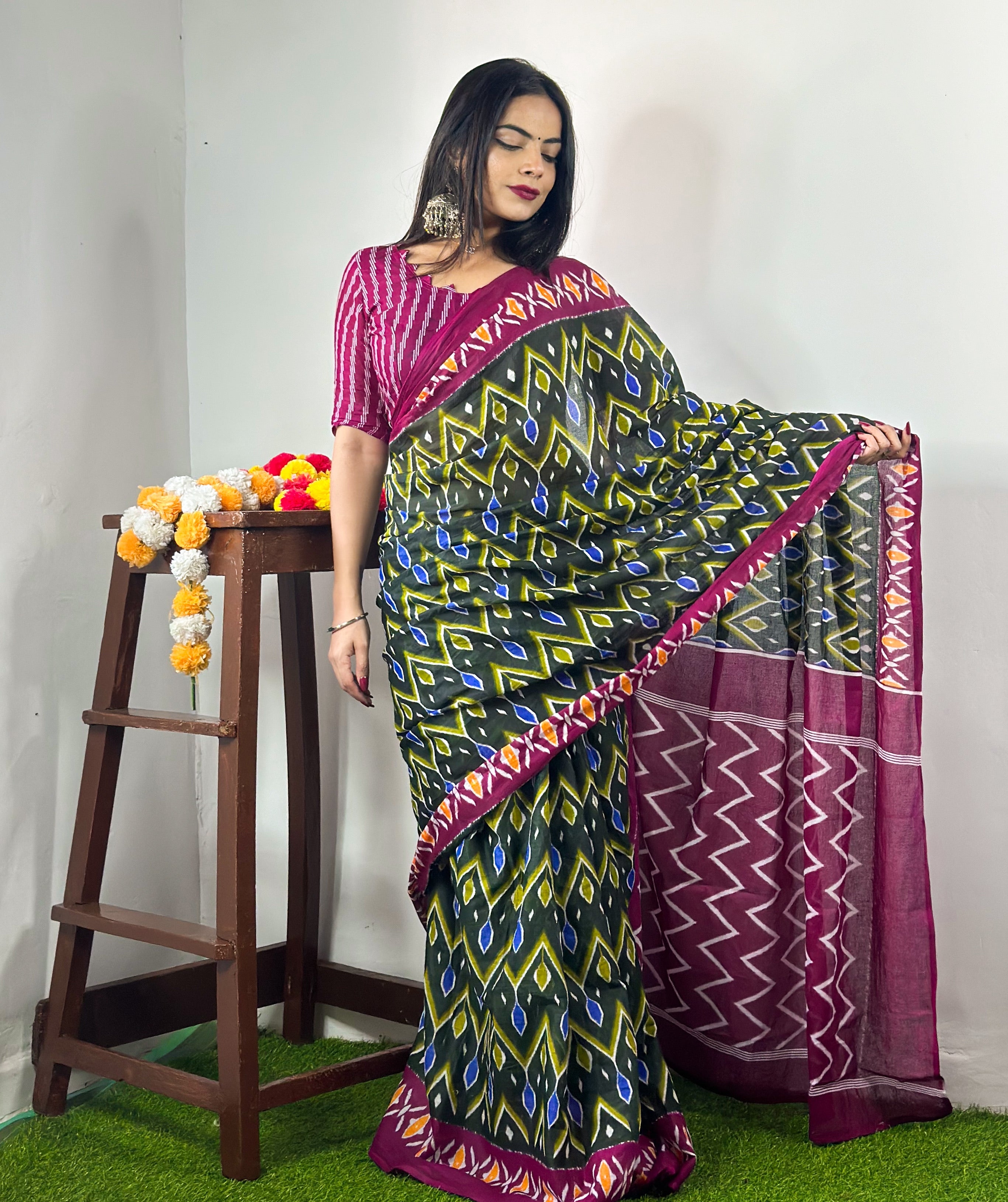 Beautiful Printed Soft Pure Cotton Saree With Unstitched Blouse.