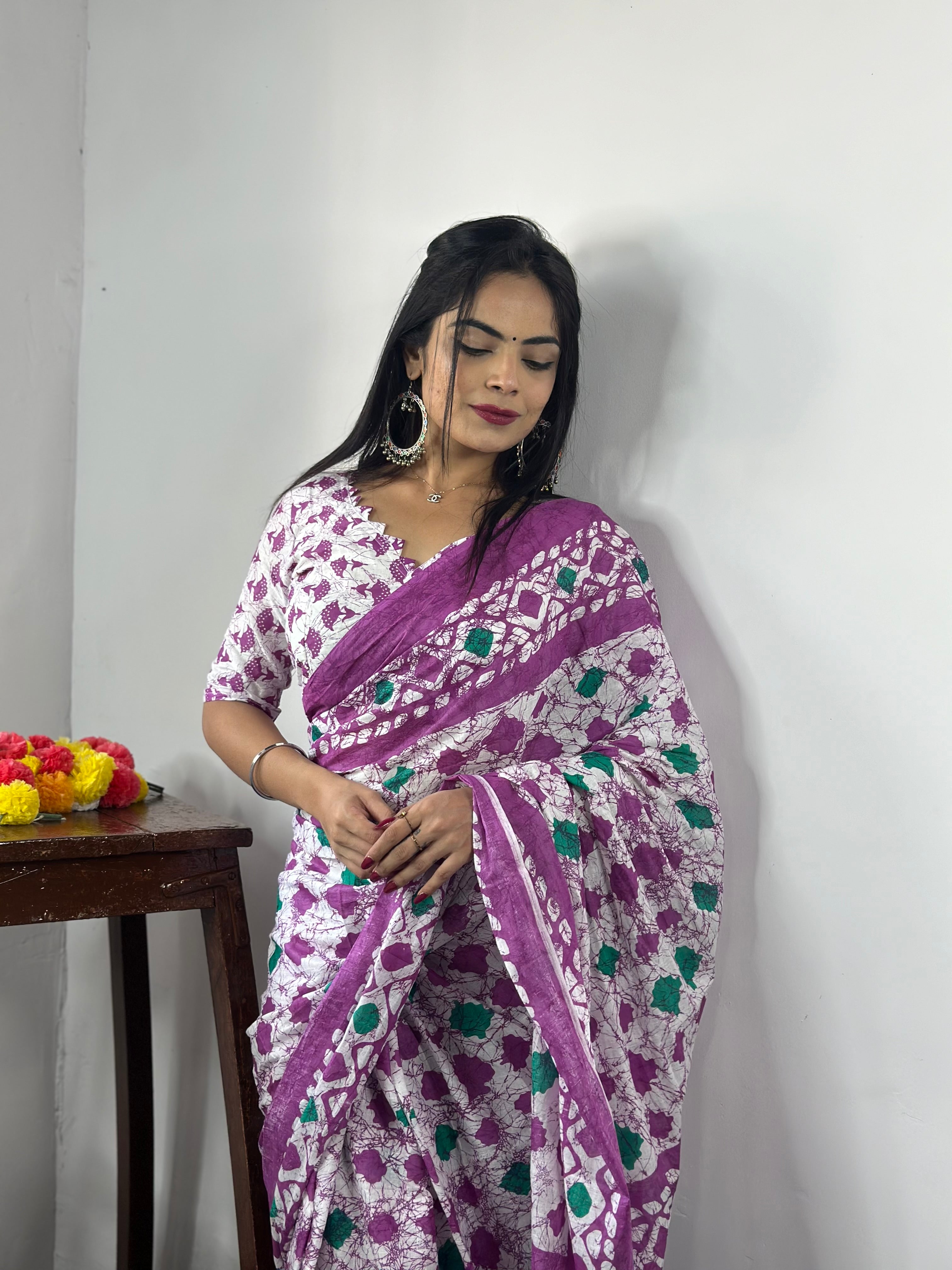 Beautiful Printed Soft Pure Cotton Saree With Unstitched Blouse.