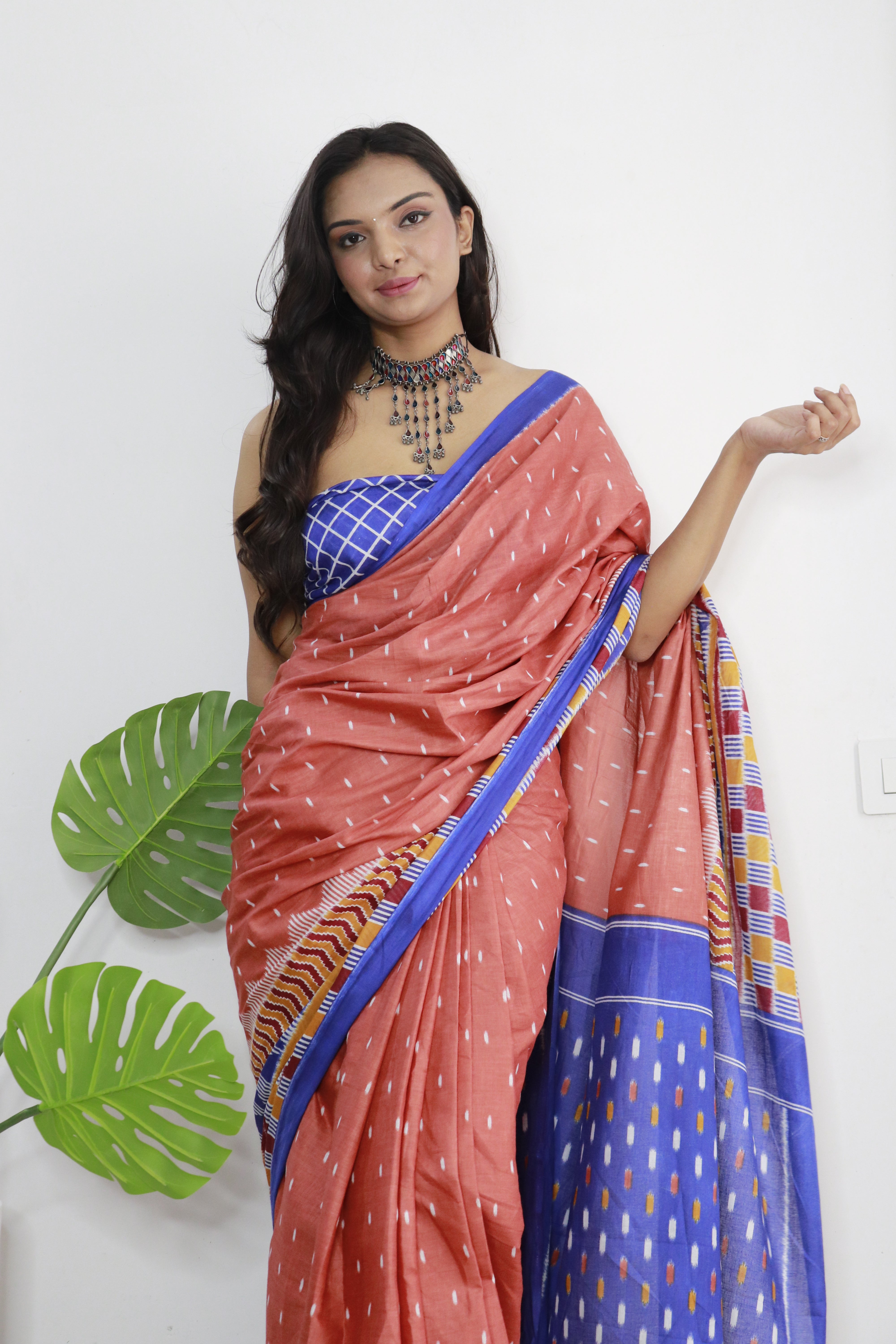 Blue Printed 100% Soft Pure Cotton Saree With Unstitched Blouse.