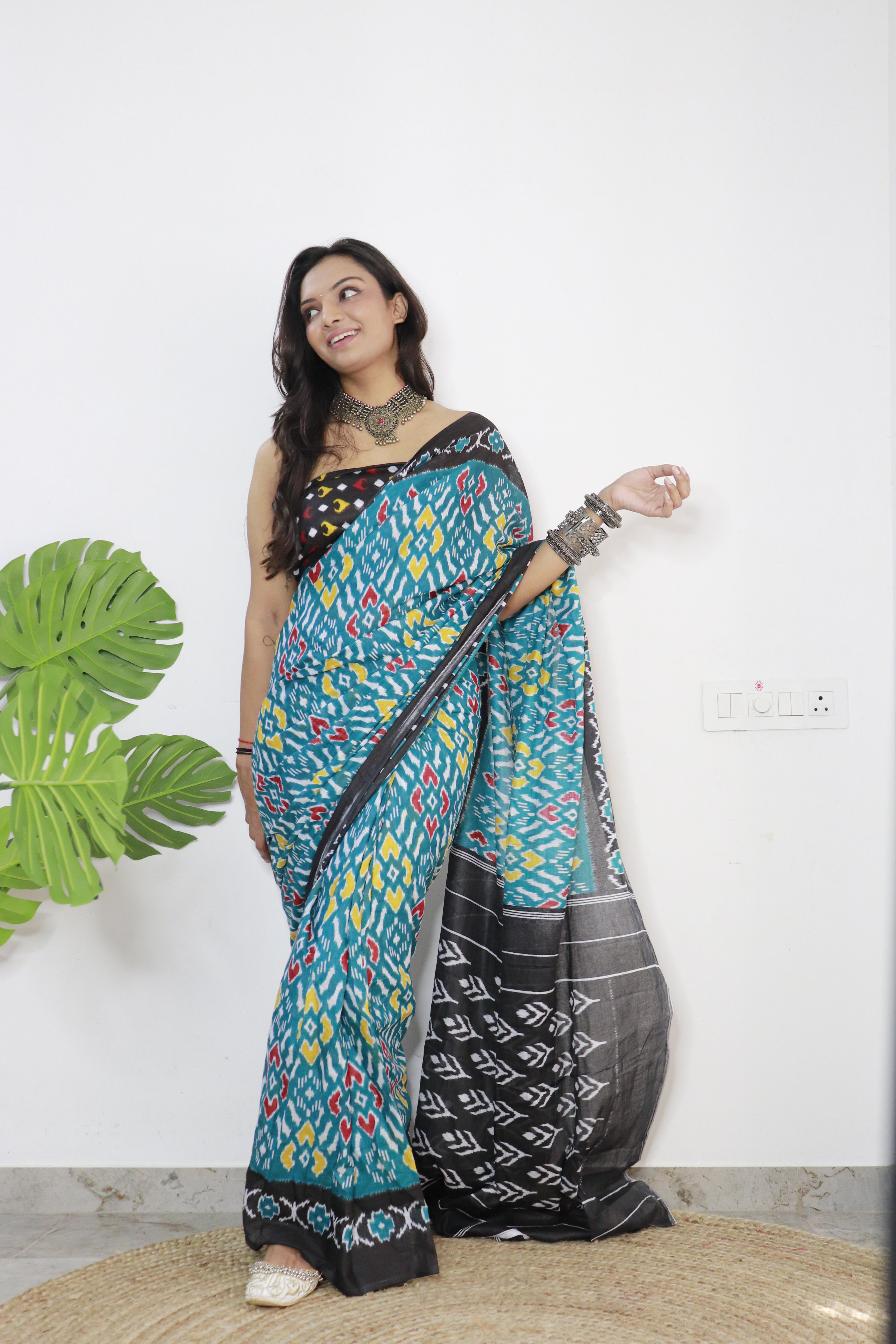 Sea Green Maroon Printed 100% Soft Pure Cotton Saree With Unstitched Blouse.