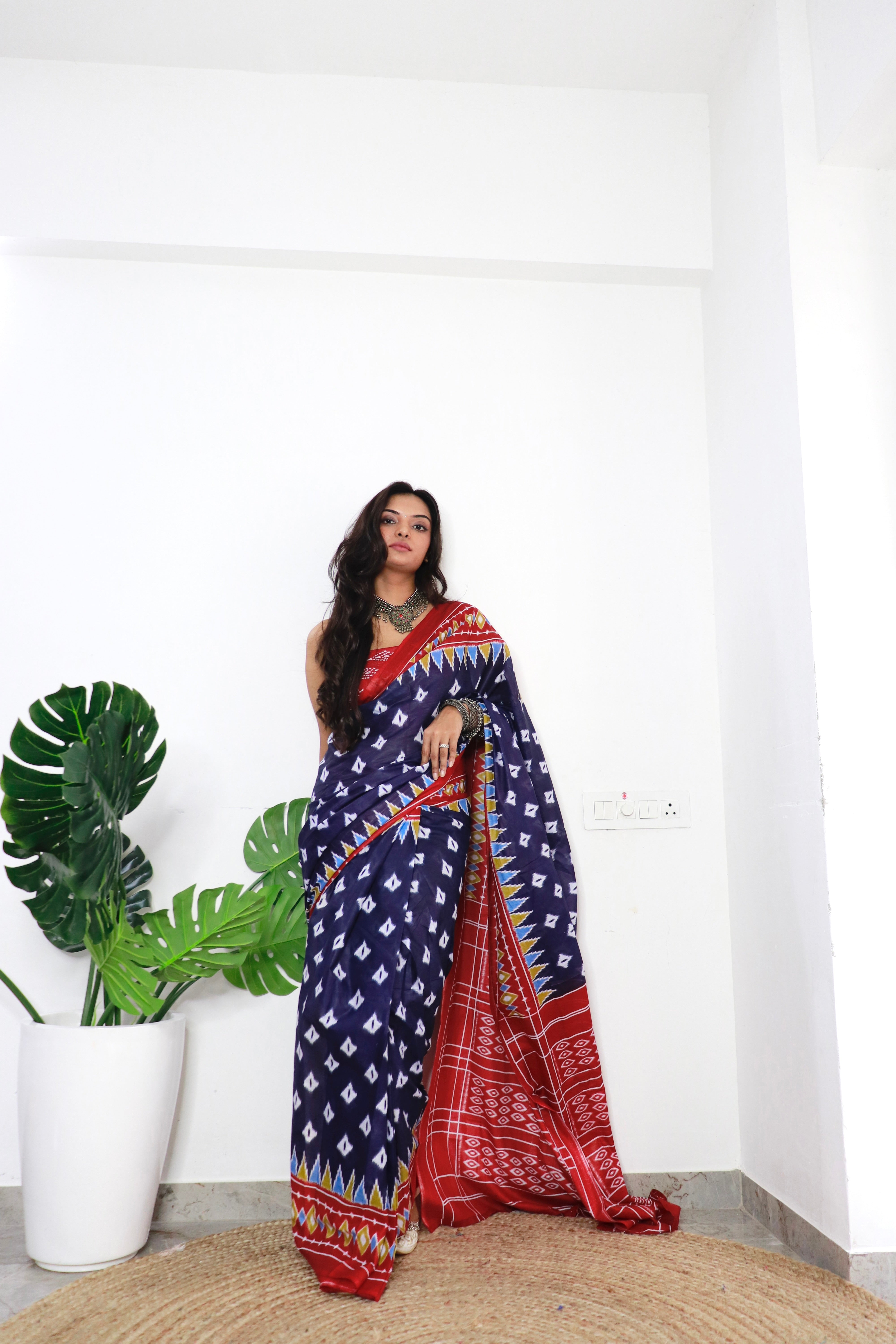 Royal Blue Printed 100% Soft Pure Cotton Saree With Unstitched Blouse.