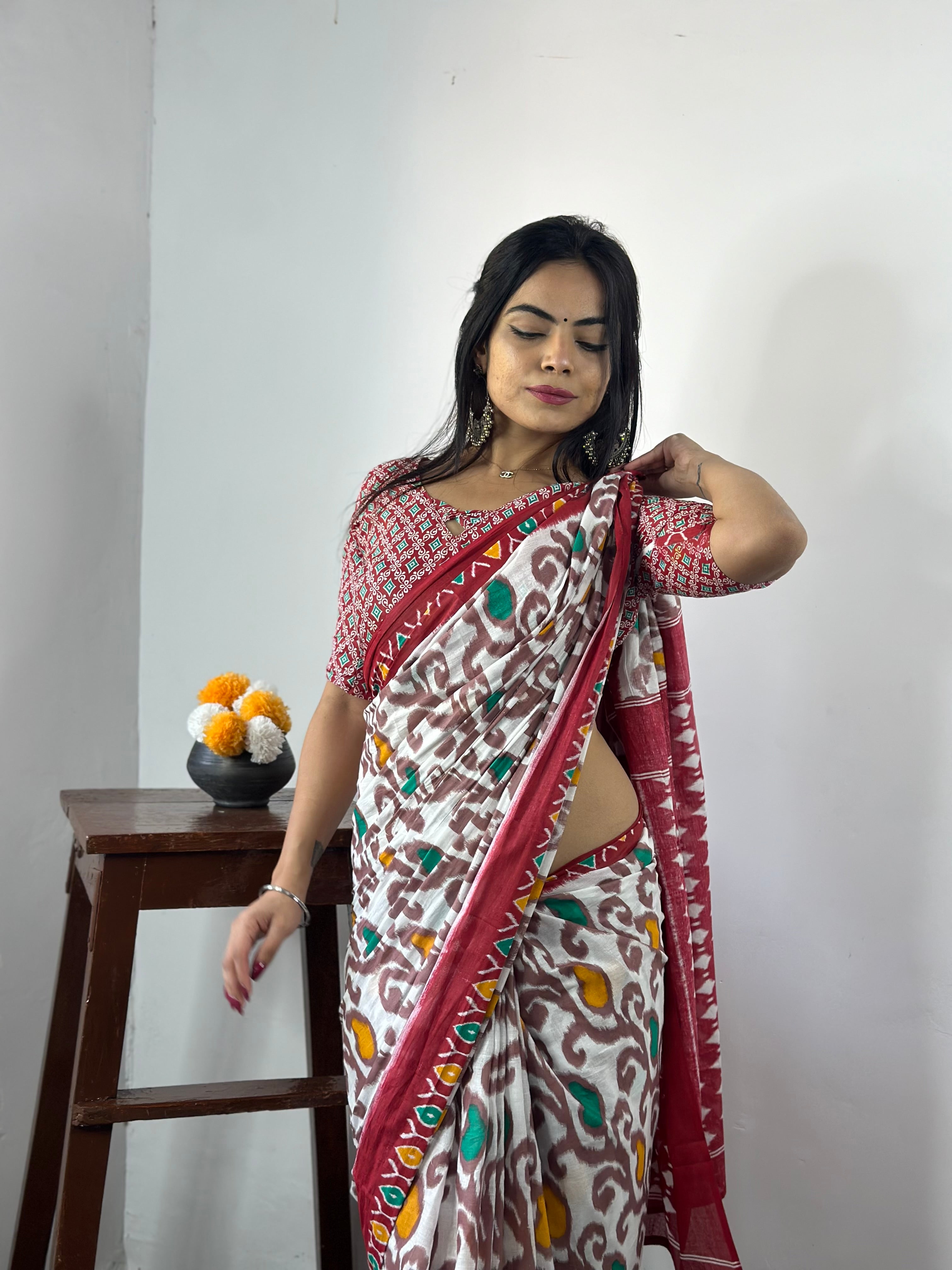 Beautiful Printed Soft Pure Cotton Saree With Unstitched Blouse.