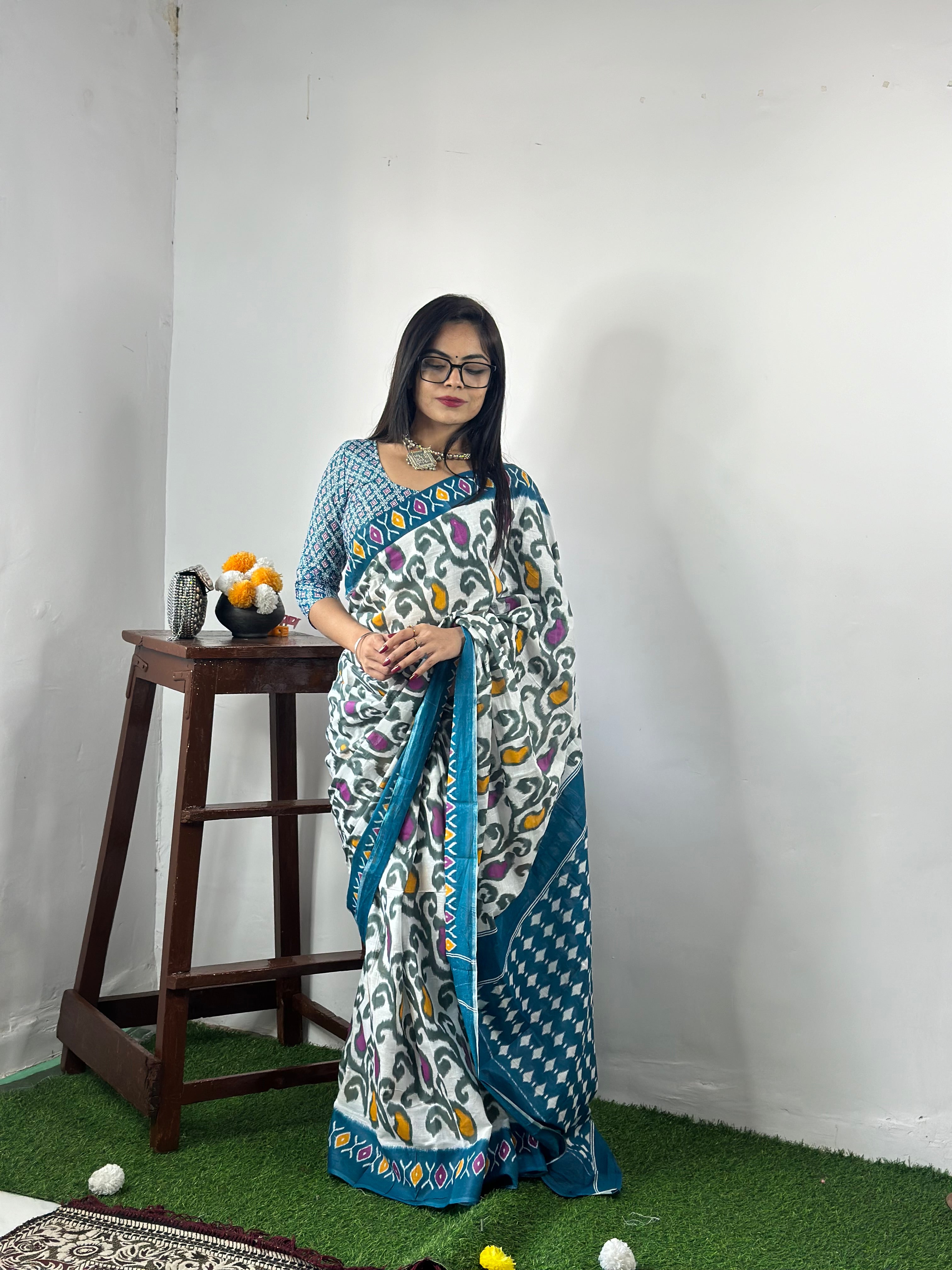 Beautiful Printed Soft Pure Cotton Saree With Unstitched Blouse.