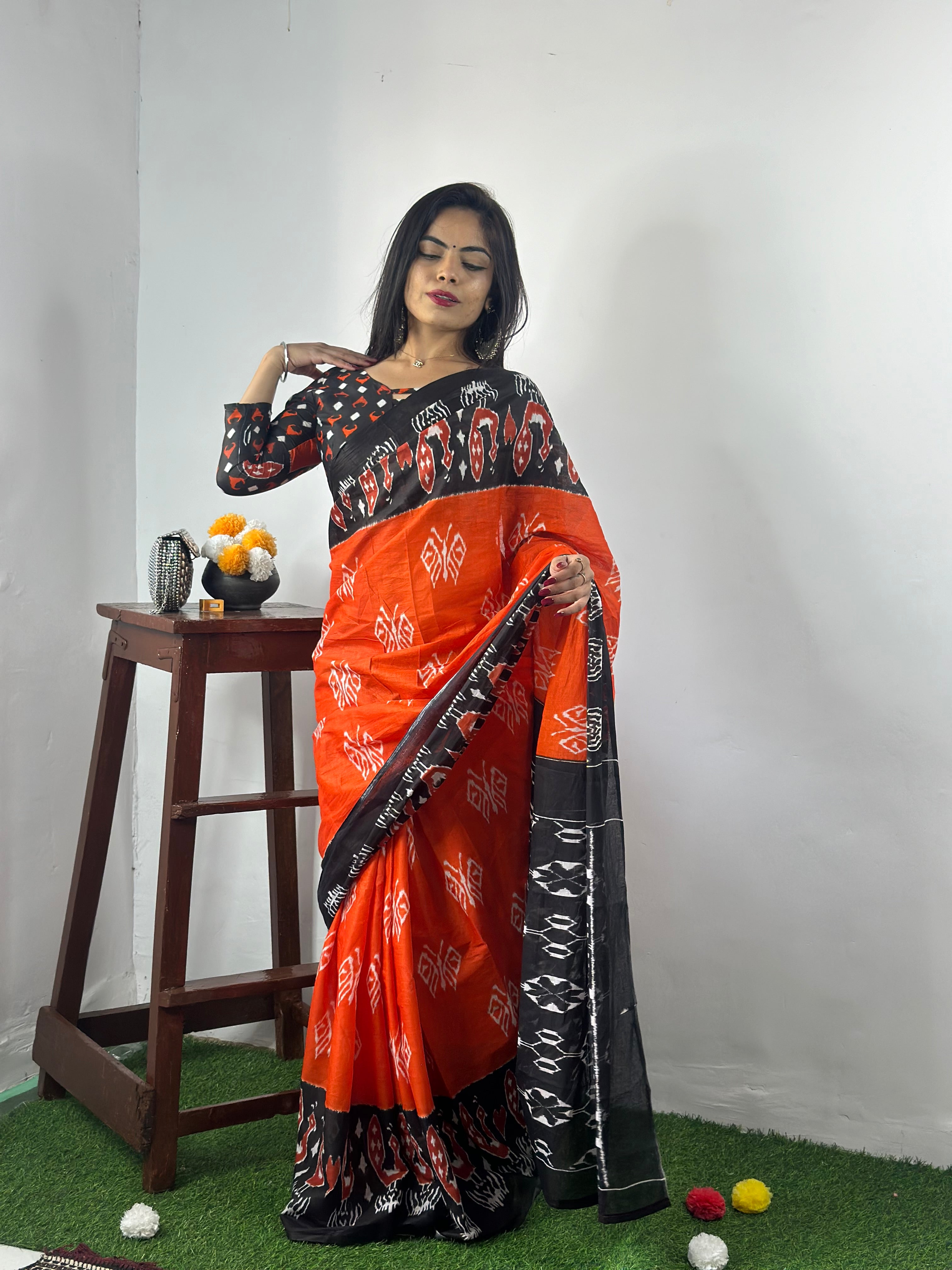 Beautiful Printed Soft Pure Cotton Saree With Unstitched Blouse.