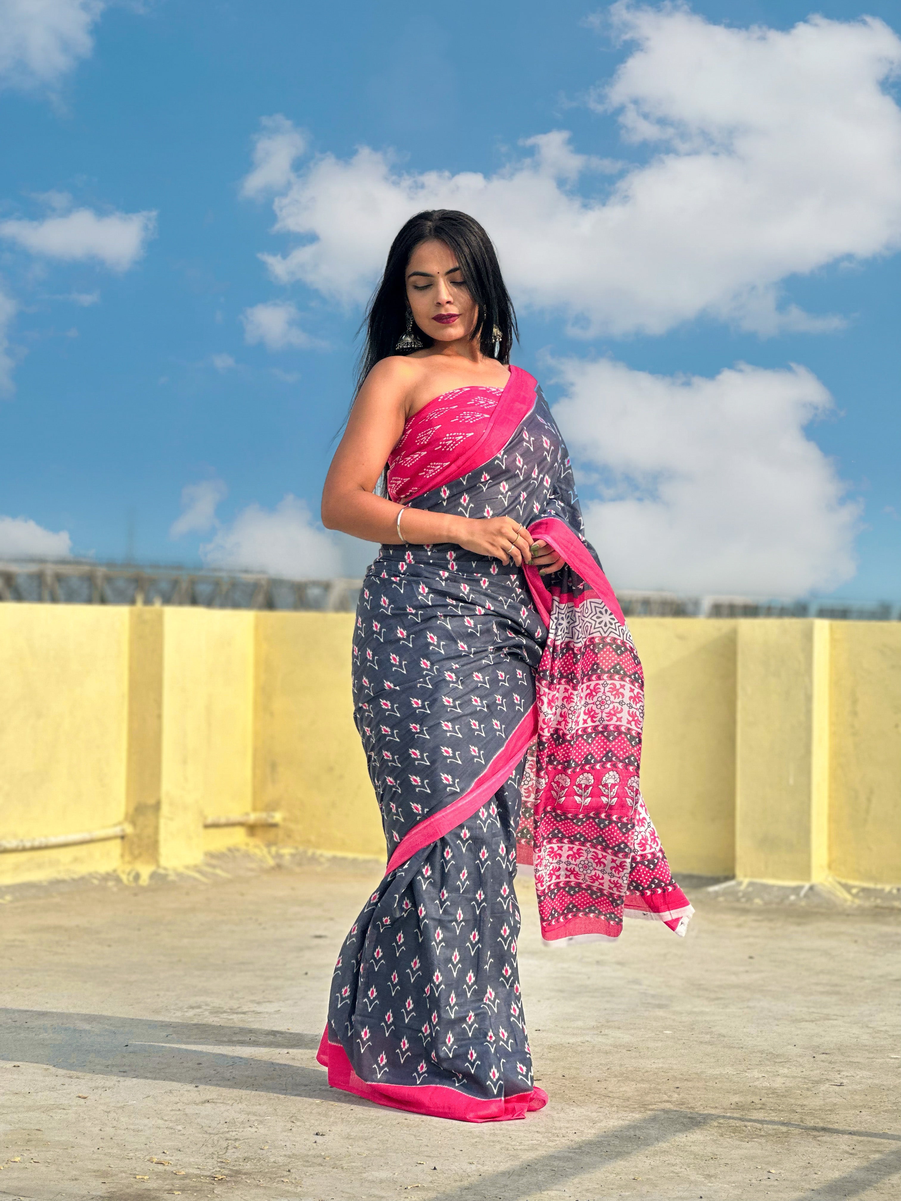 Beautiful Printed Soft Pure Cotton Saree With Unstitched Blouse.