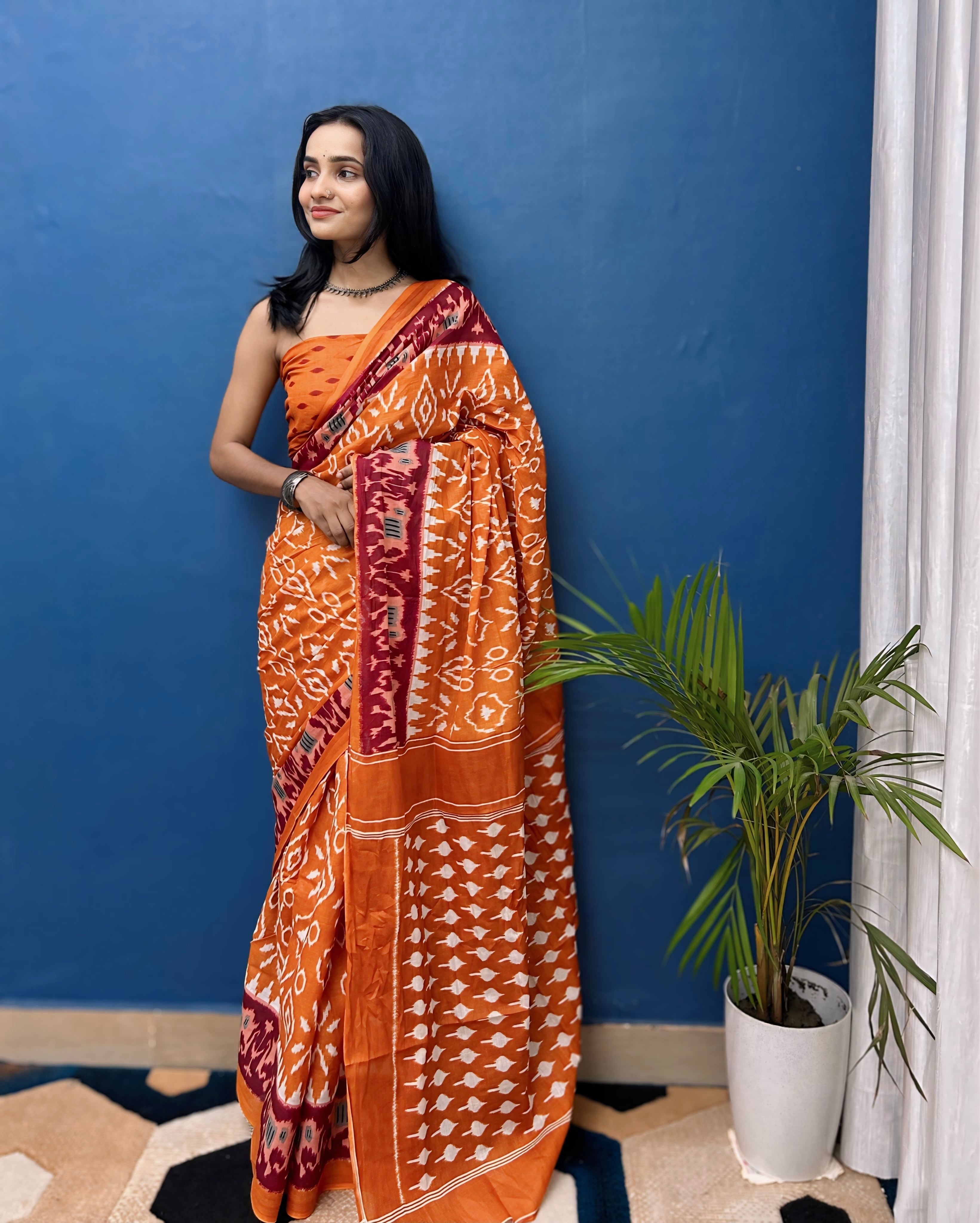 Beautiful Printed Soft Pure Cotton Saree With Unstitched Blouse.