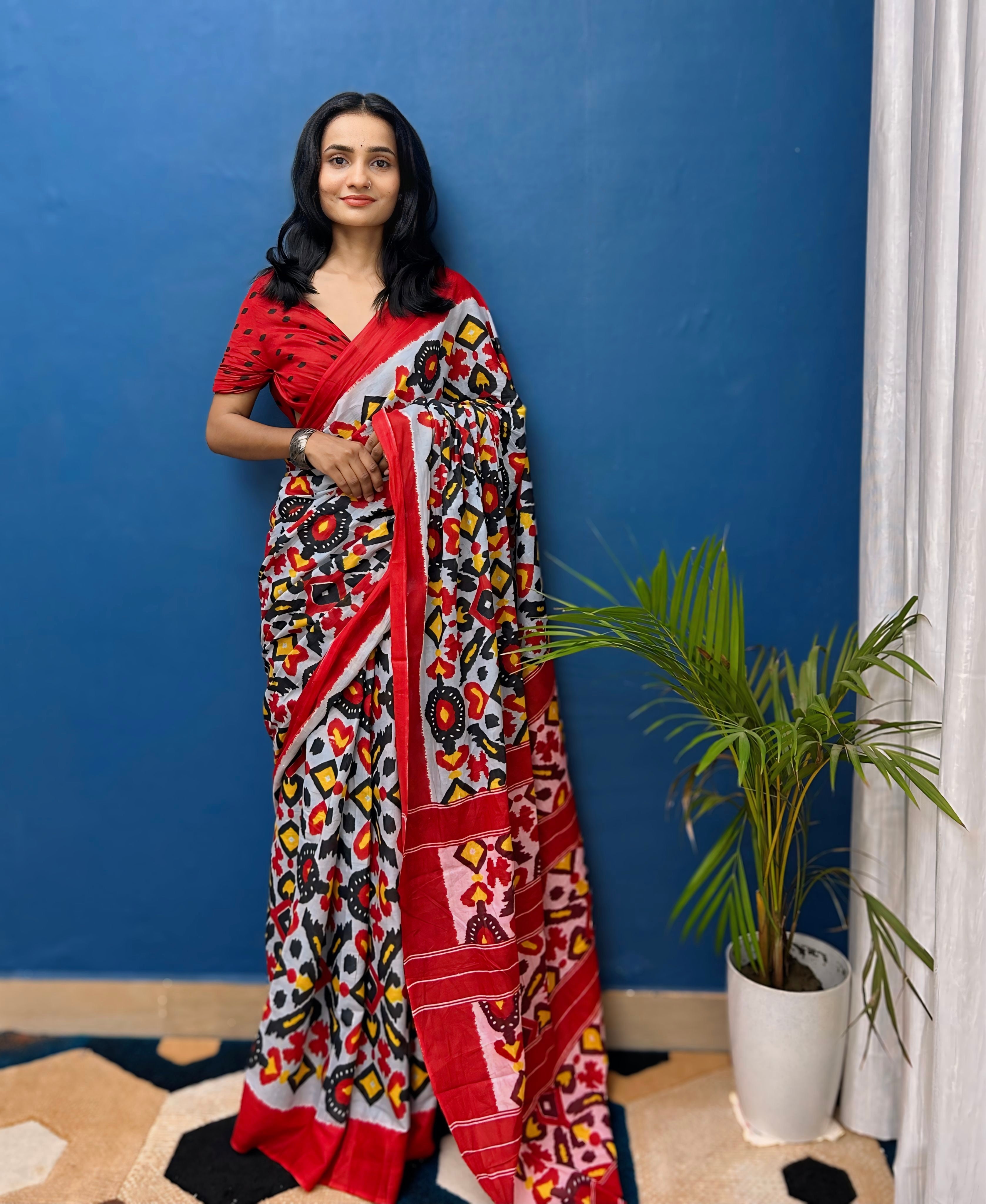 Beautiful Printed Soft Pure Cotton Saree With Unstitched Blouse.