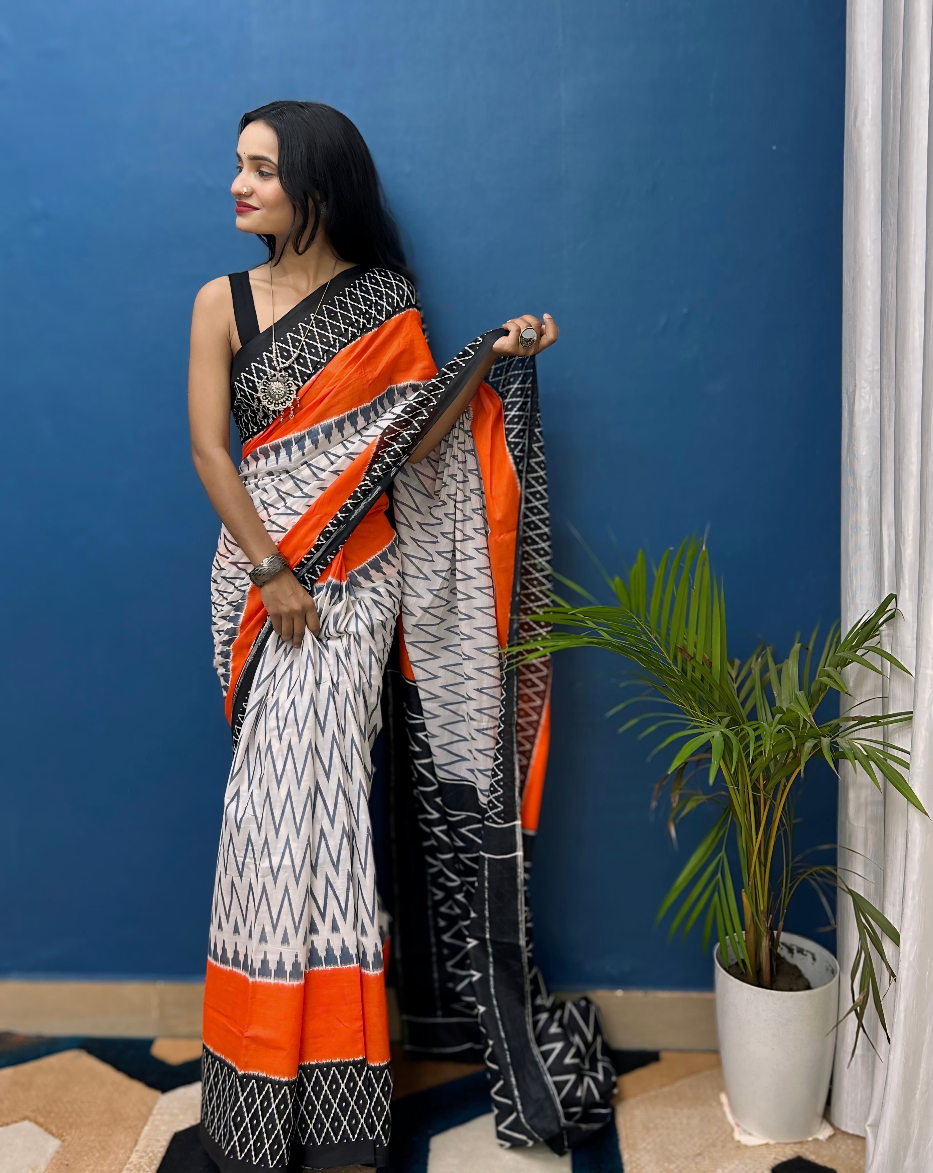 Beautiful Printed Soft Pure Cotton Saree With Unstitched Blouse.