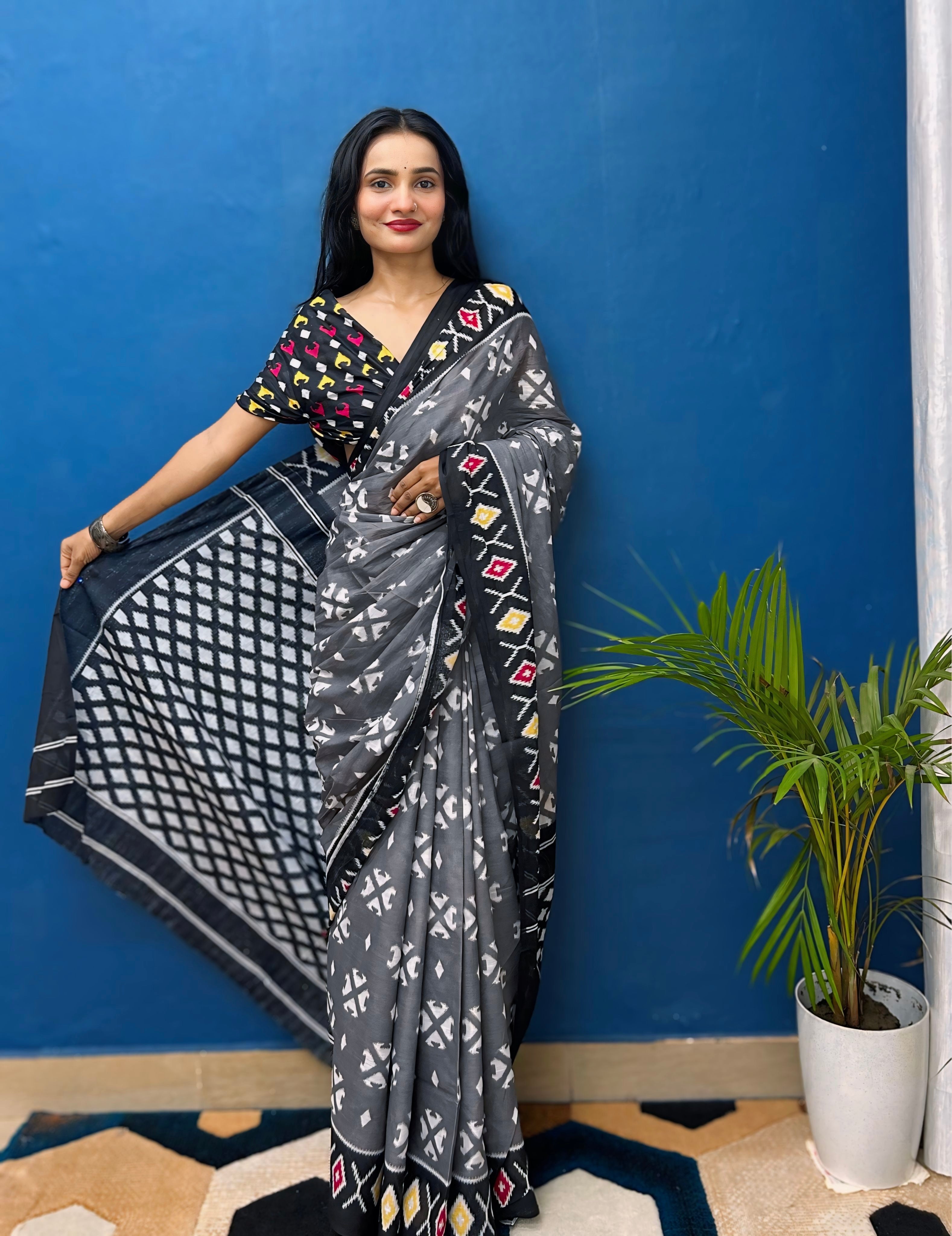 Beautiful Printed Soft Pure Cotton Saree With Unstitched Blouse.