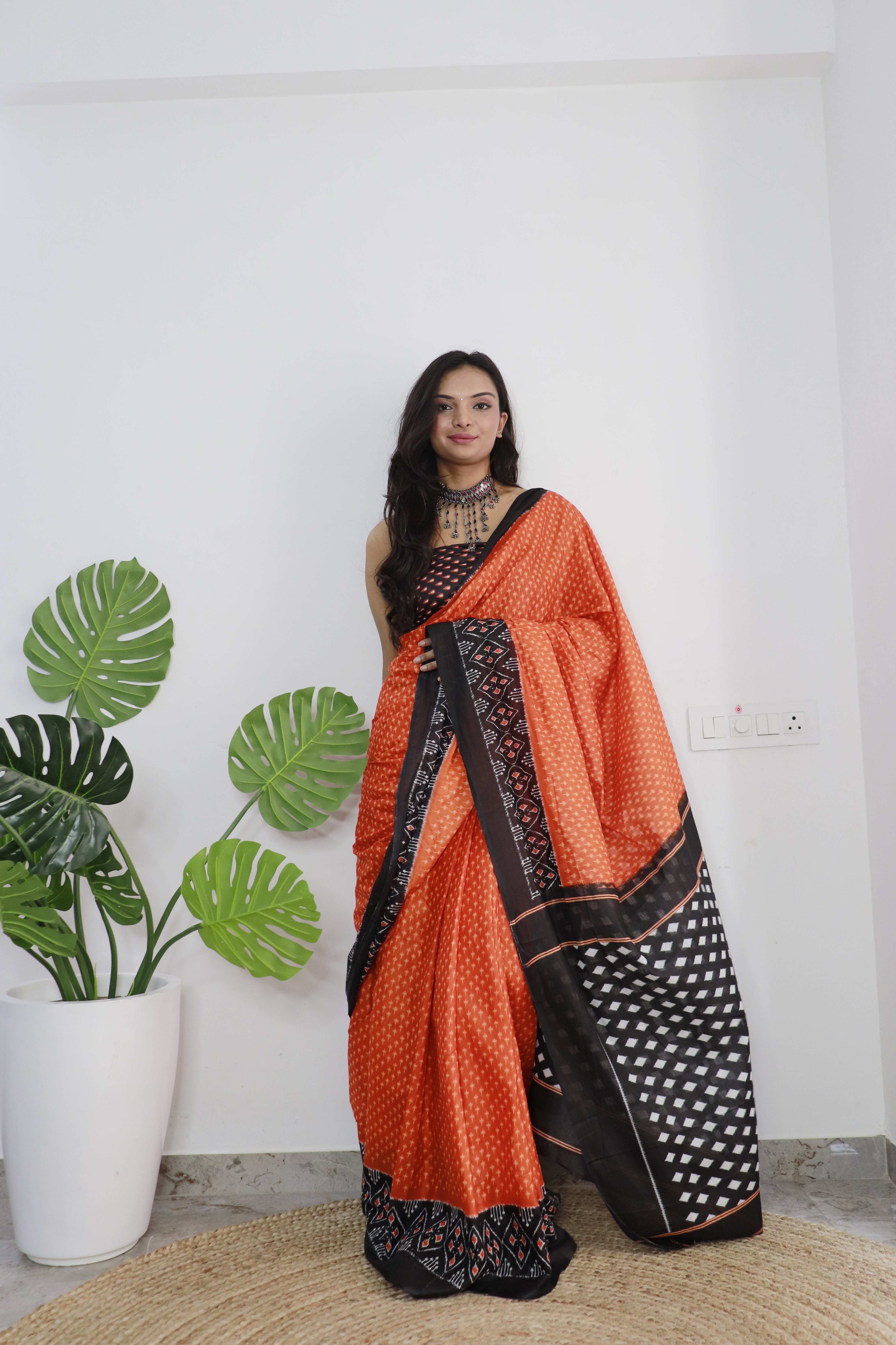 Orange Printed 100% Soft Pure Cotton Saree With Unstitched Blouse.