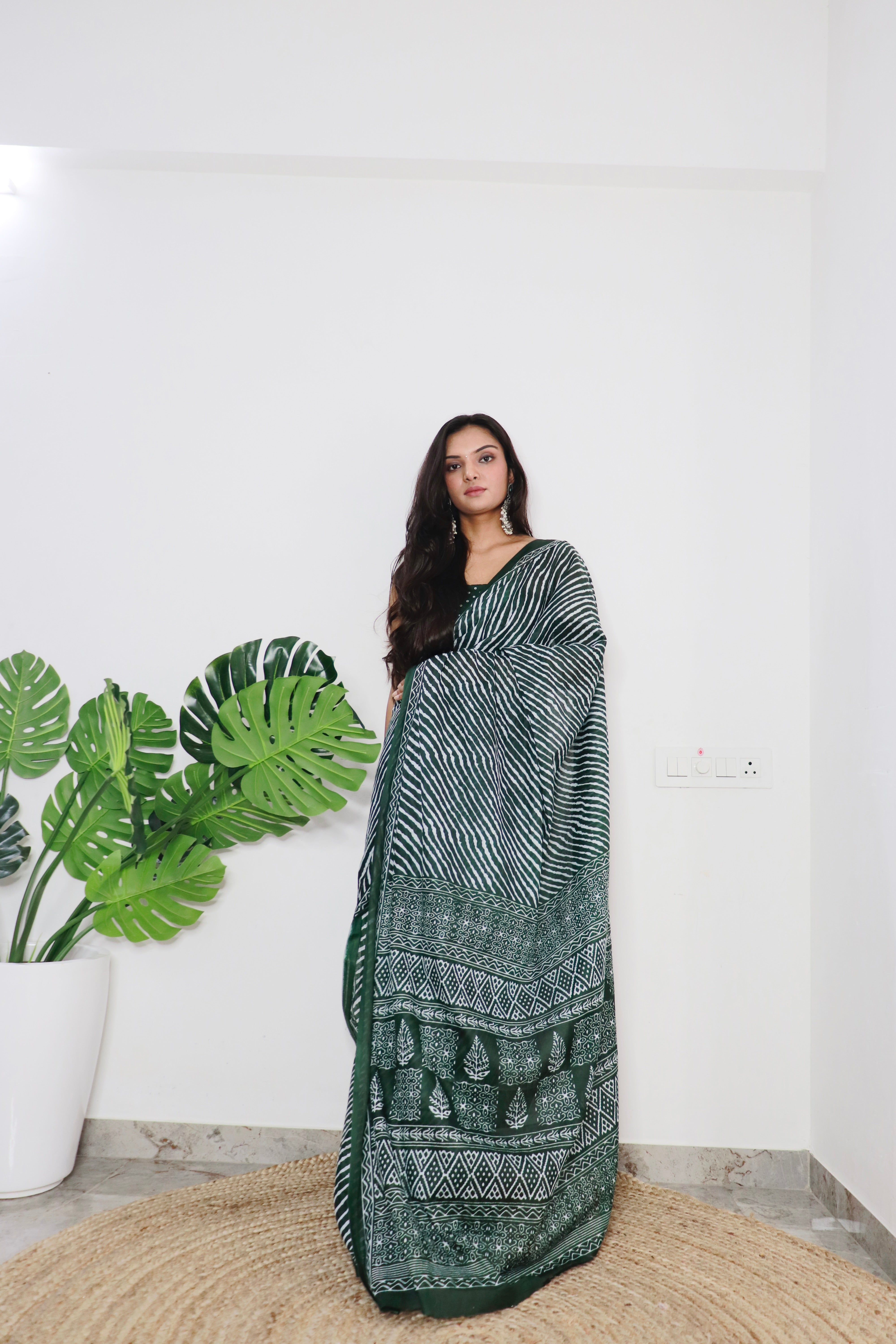 Dark Green Printed Soft Pure Cotton Saree With Unstitched Blouse.