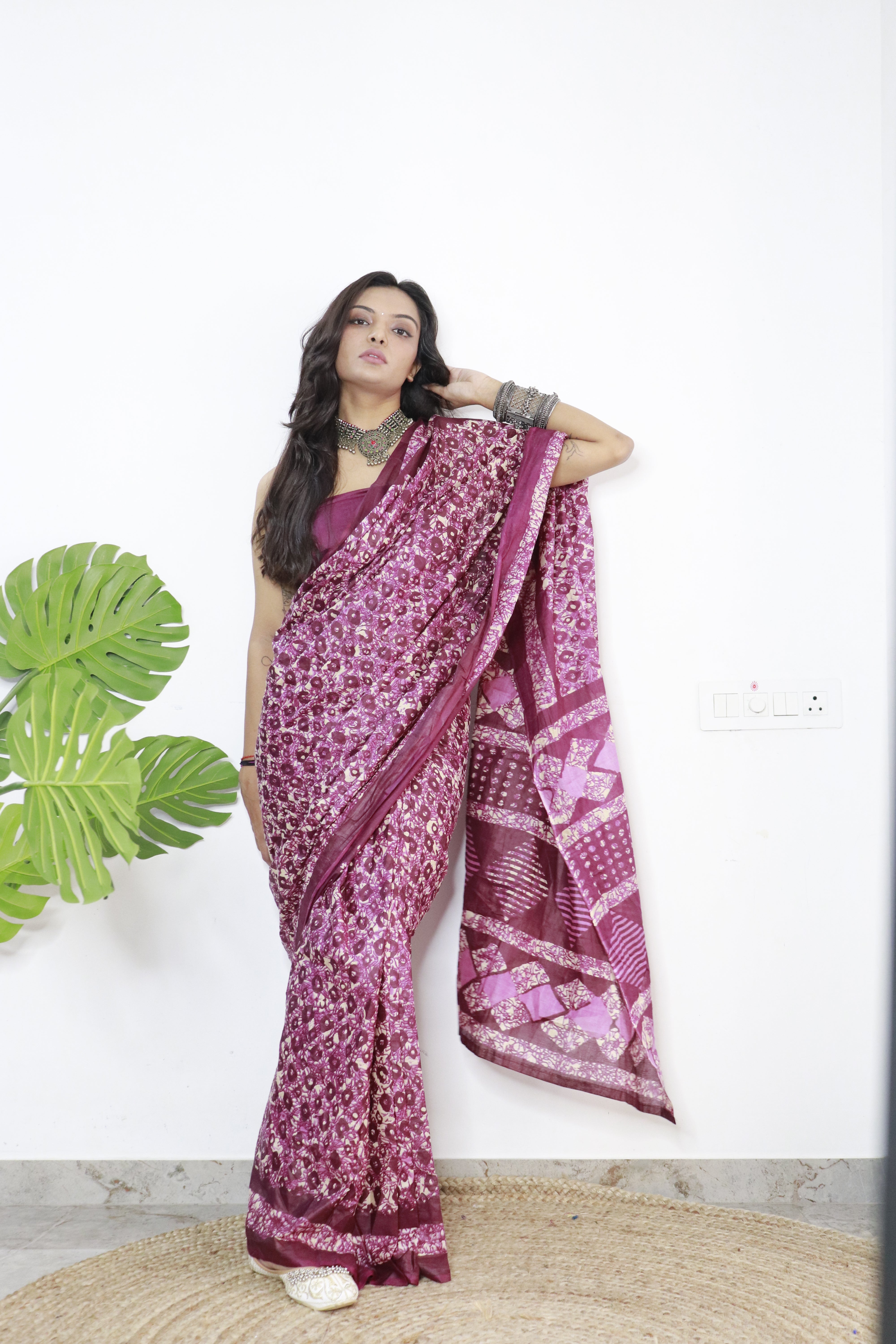 Maroon Printed 100% Soft Pure Cotton Saree With Unstitched Blouse.