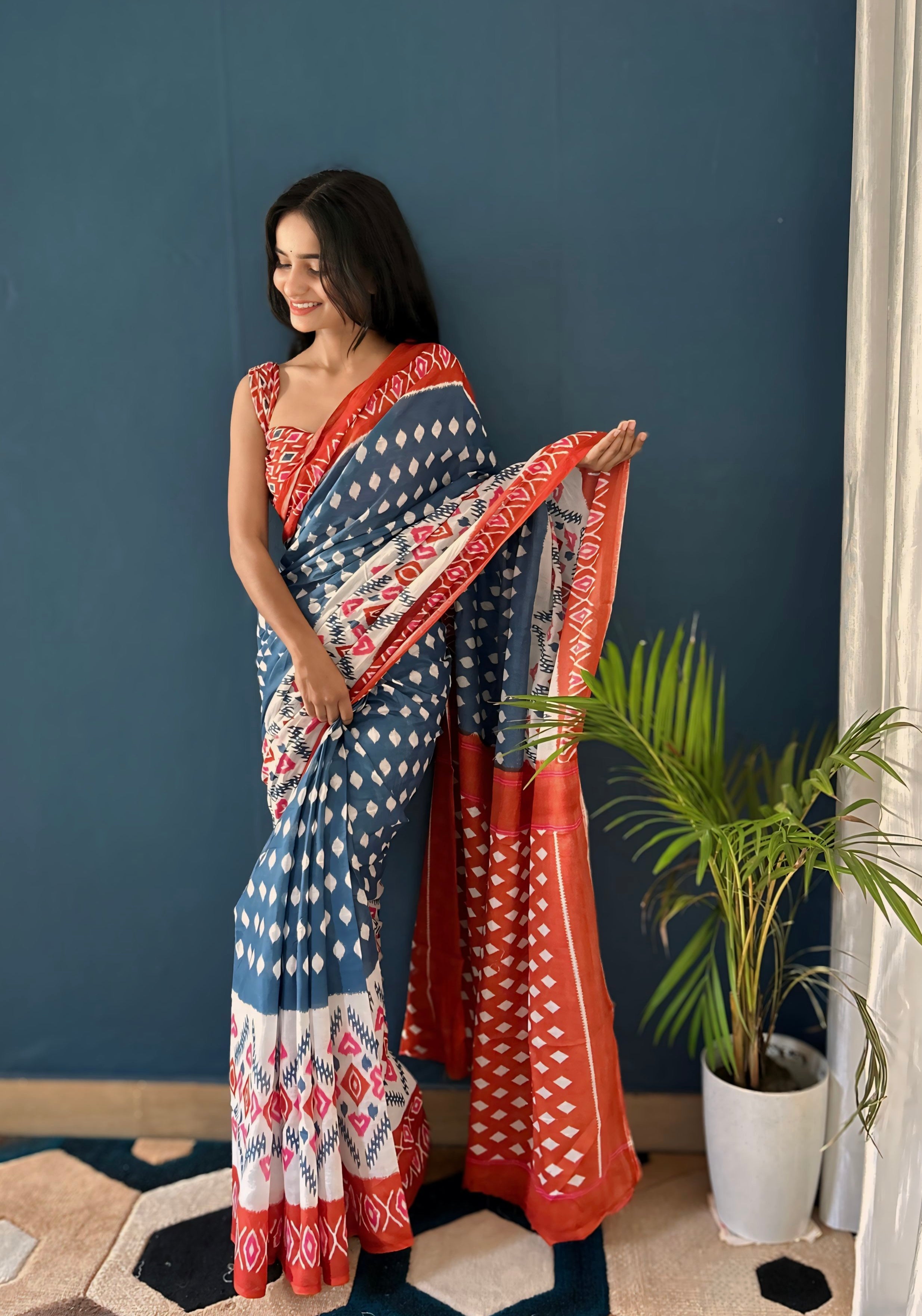 Beautiful Printed Soft Pure Cotton Saree With Unstitched Blouse.