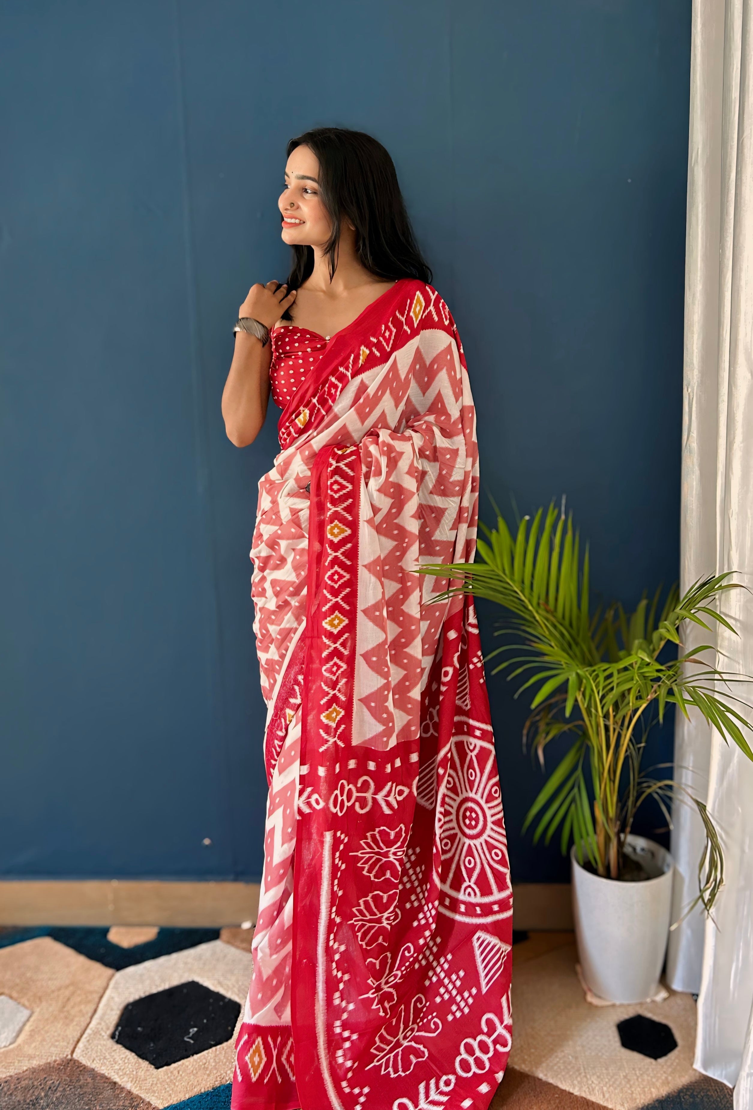 Beautiful Printed Soft Pure Cotton Saree With Unstitched Blouse.